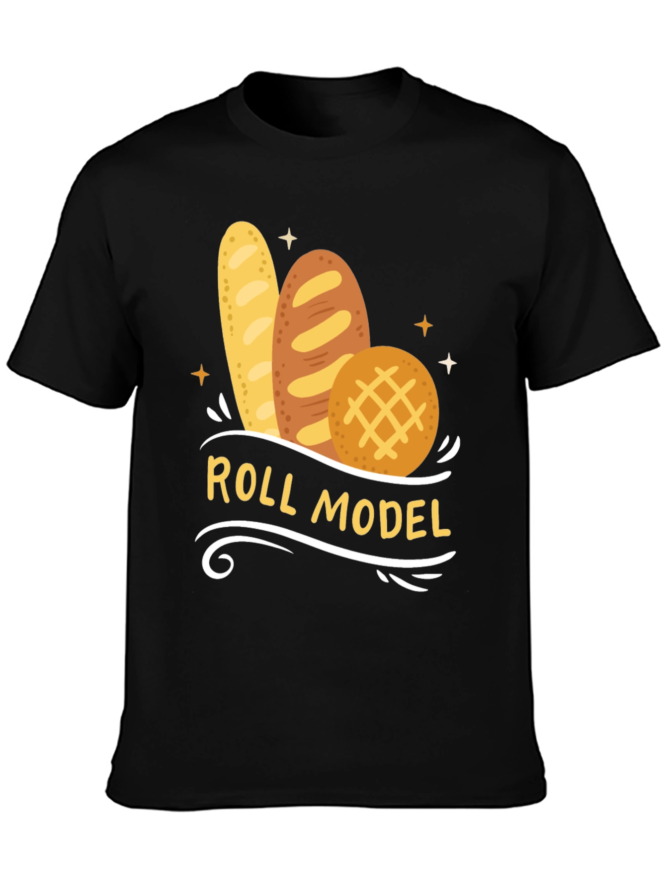 Black Roll Model Graphic T-Shirt - Funny Bread Pun Tee view 3