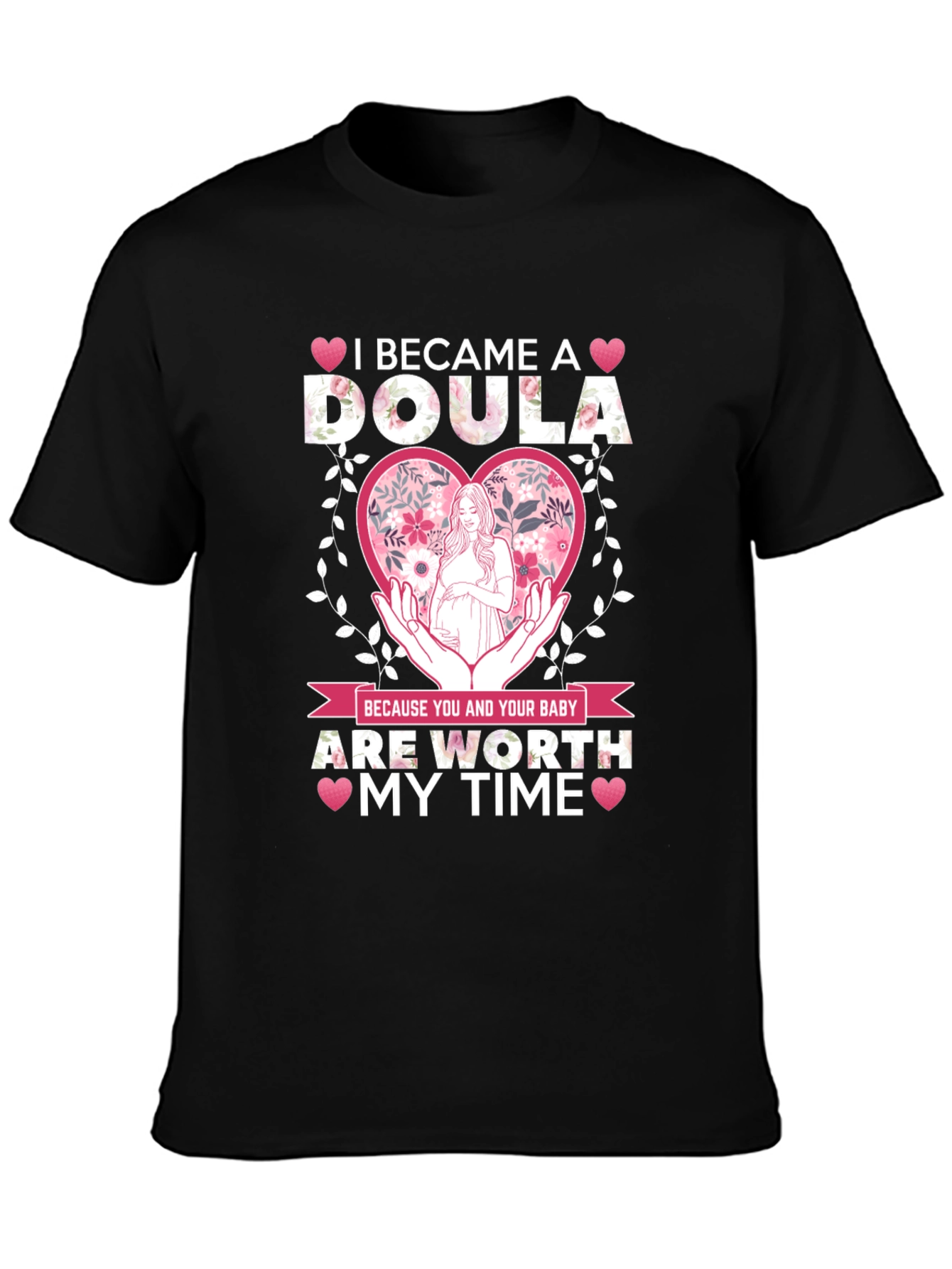 Black Doula T-Shirt - Floral Heart Design view 3