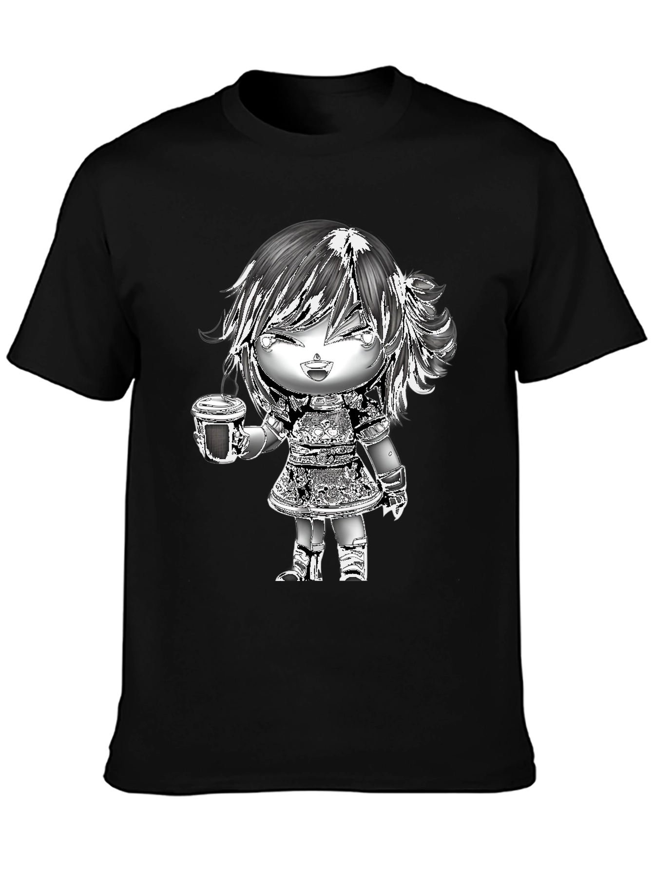 Black Anime Girl Coffee T-Shirt - Black Cotton Tee view 3