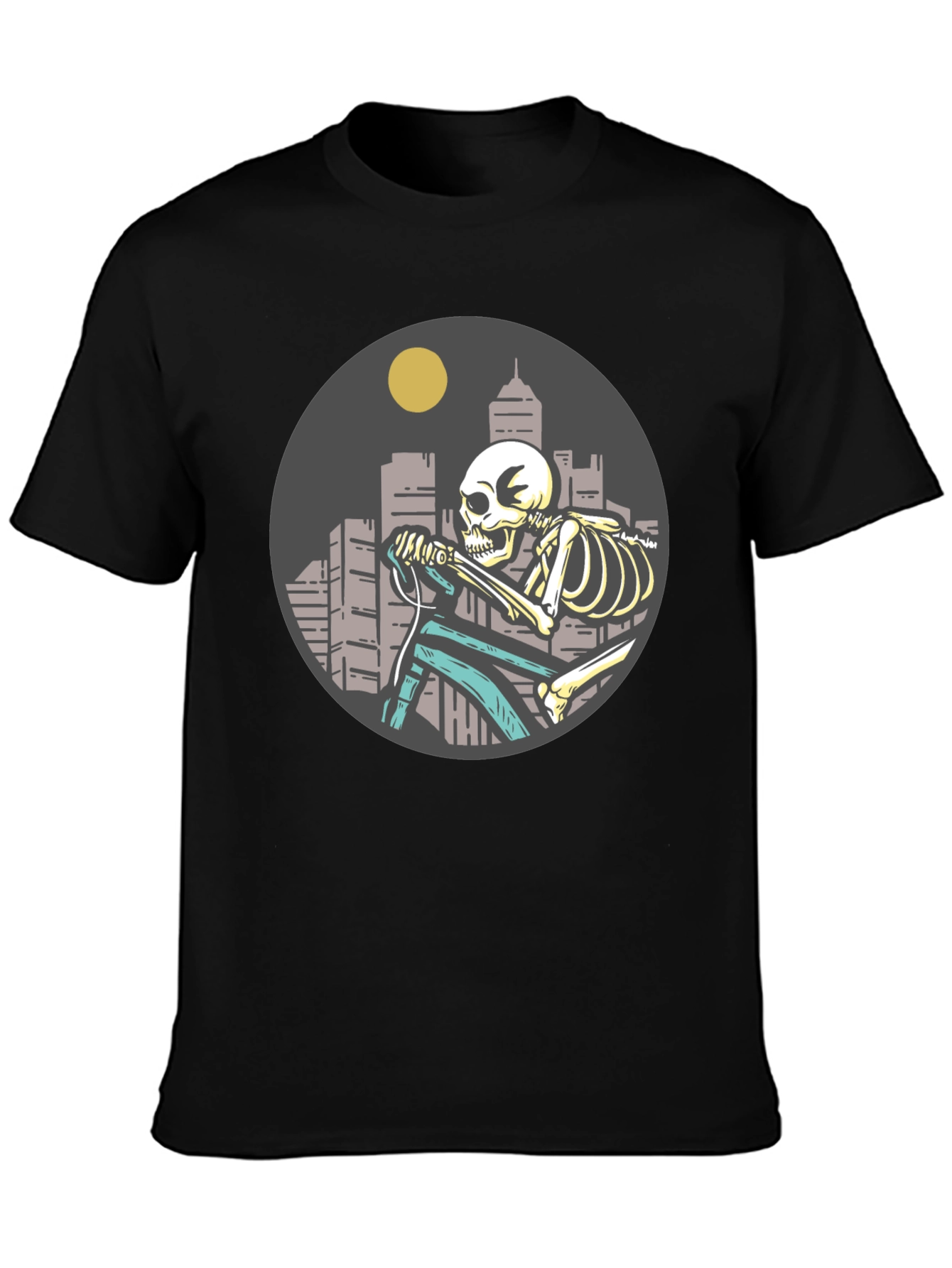 Black Skeleton Riding Bike T-Shirt - Cityscape Design view 3