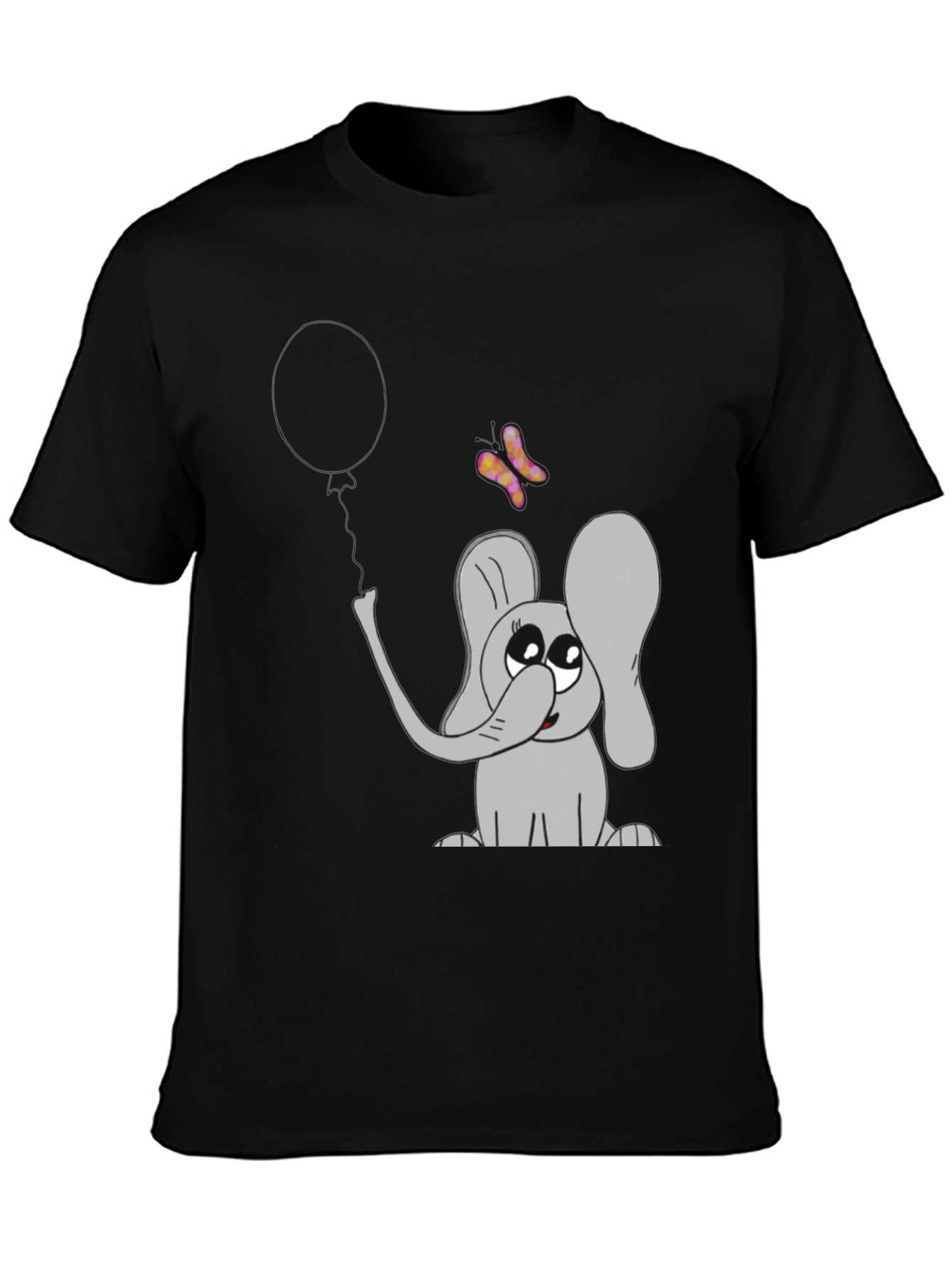 Black Cute Elephant Graphic Tee - Balloon & Butterfly Design view 3