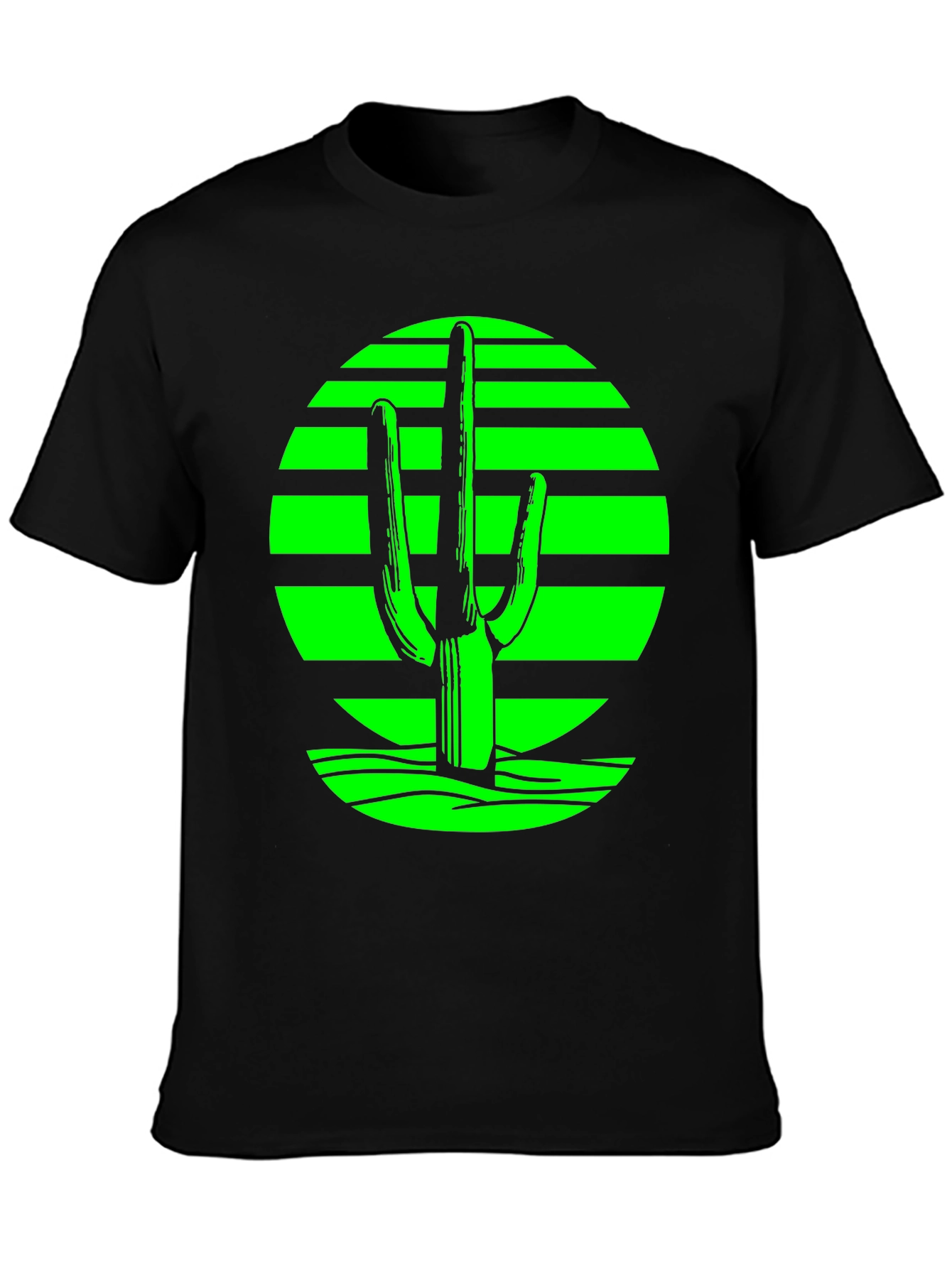 Black Retro Desert Cactus T-Shirt - Green on Black view 3