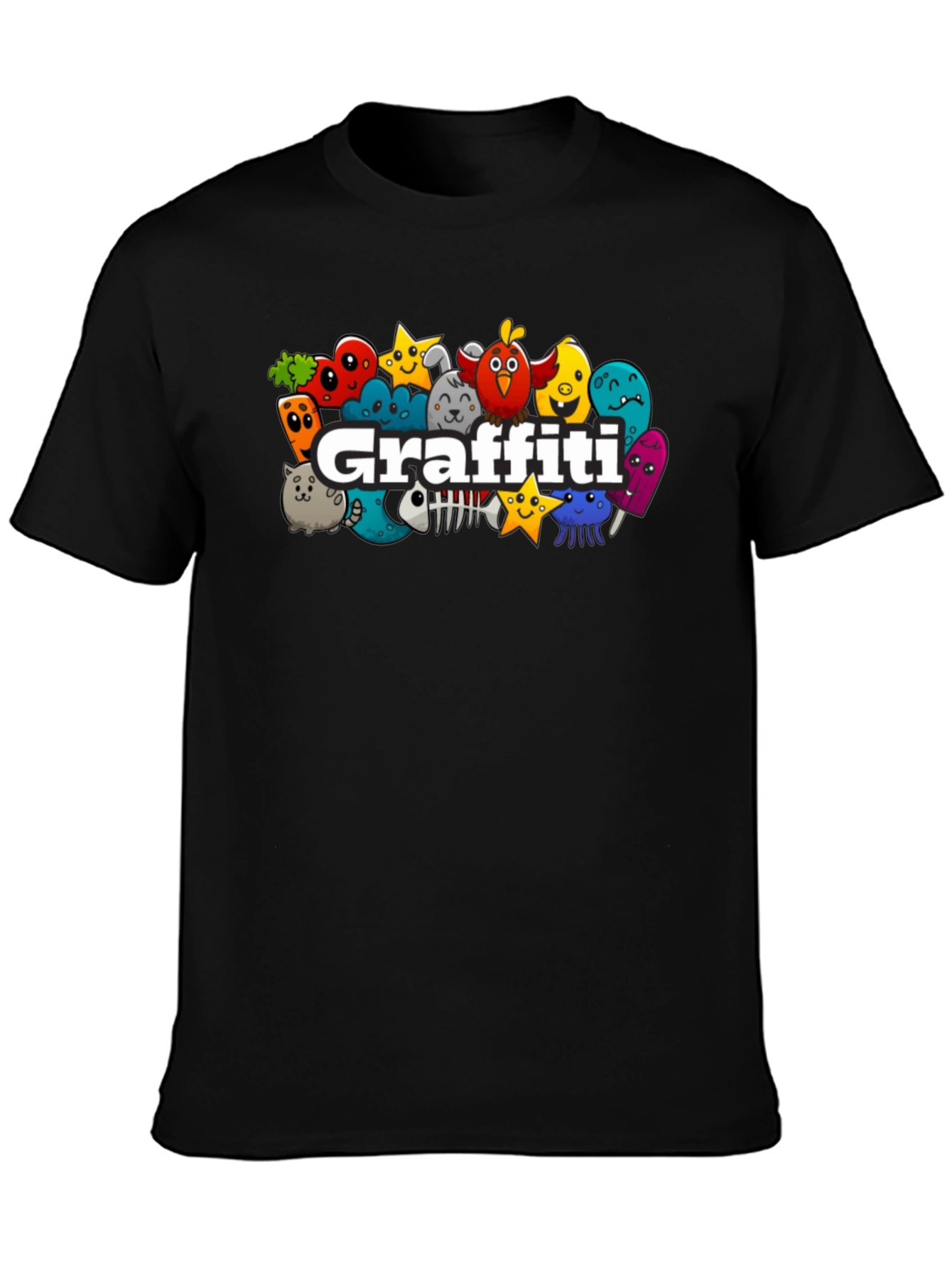 Black Graffiti Cartoon Graphic Black T-Shirt view 3