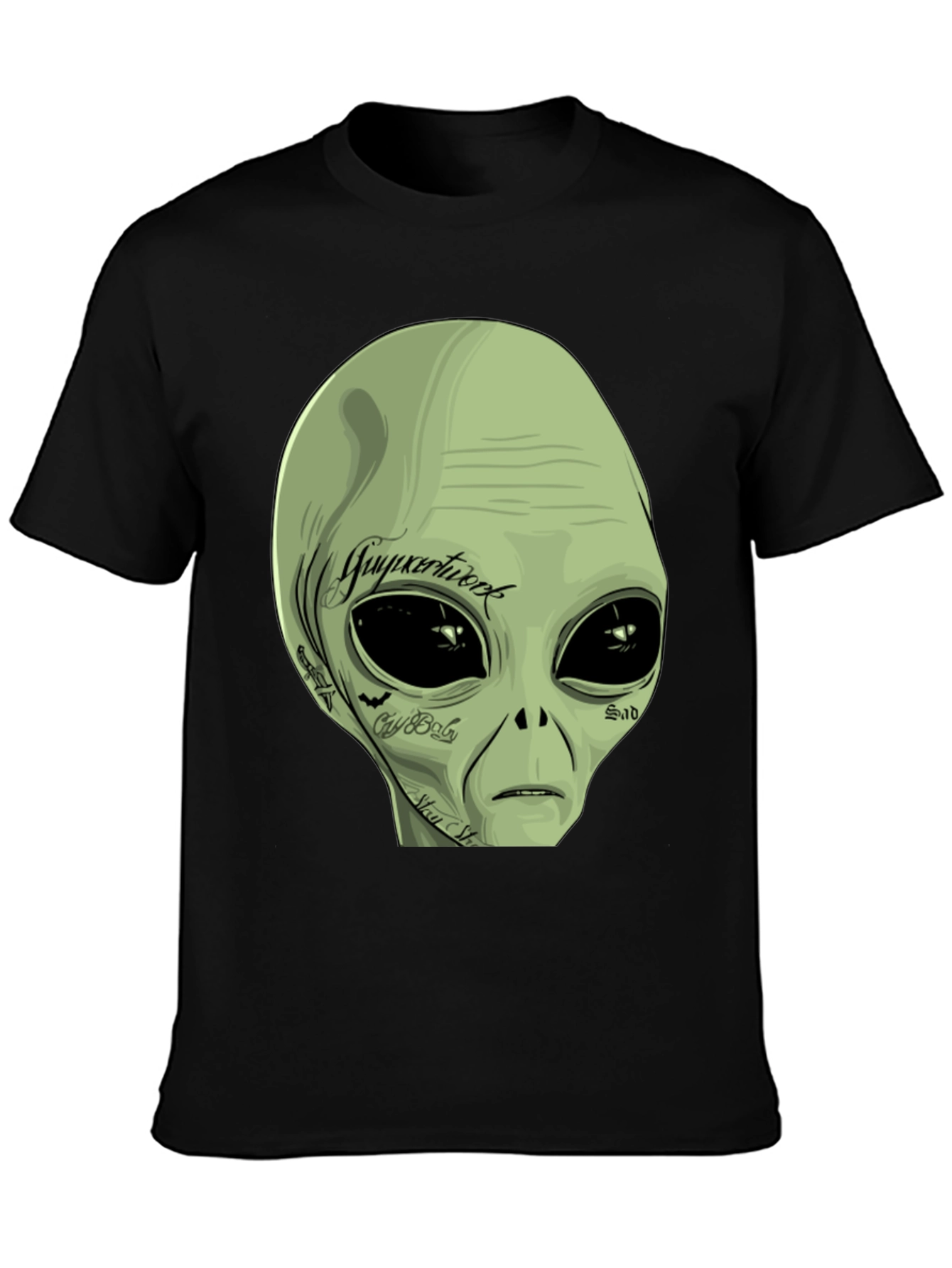 Black Tattooed Alien Graphic Tee - Black Cotton Casual T-Shirt view 3