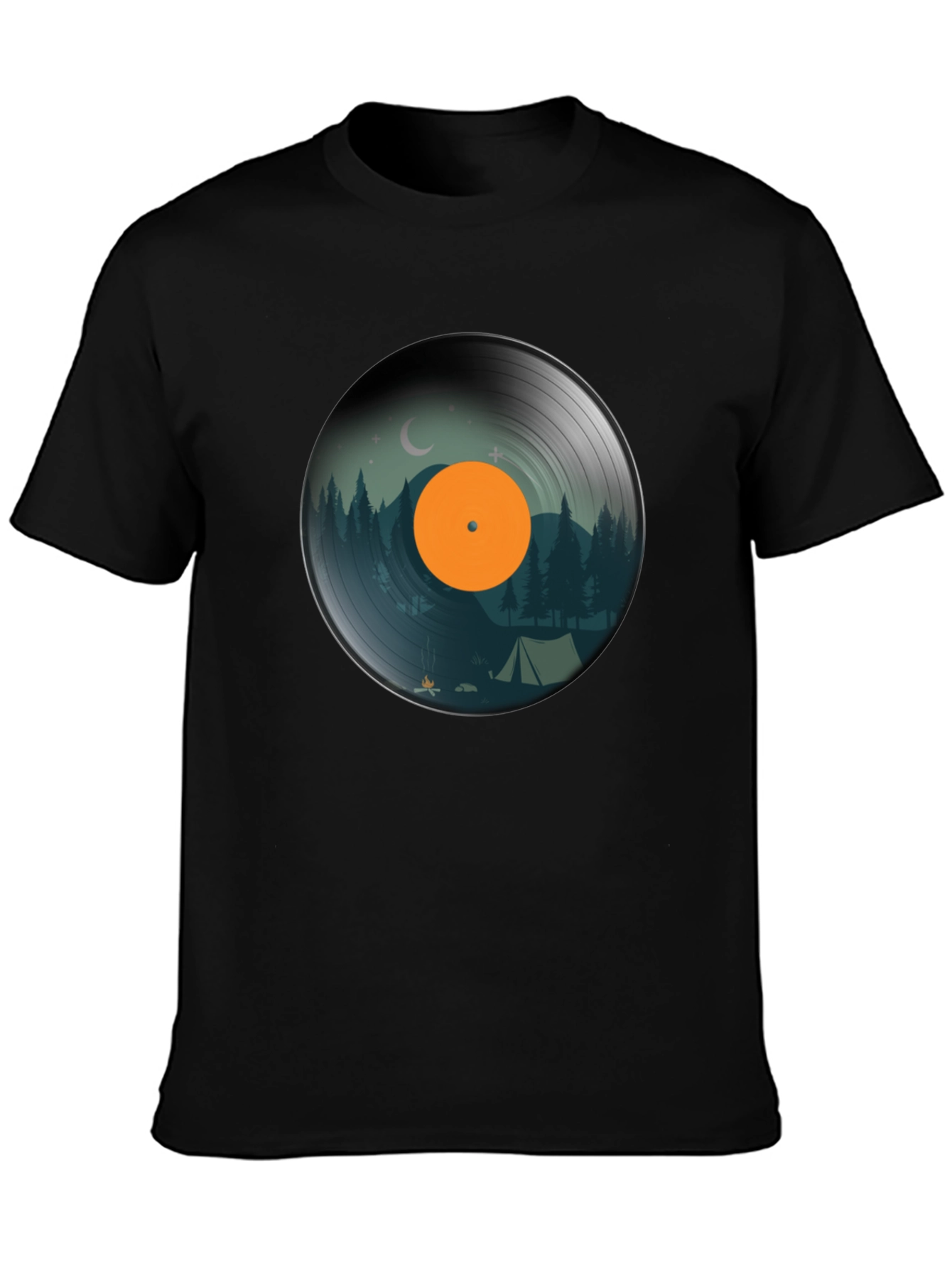 Black Camping Vinyl Record Graphic Tee - Nature Lover Shirt view 3