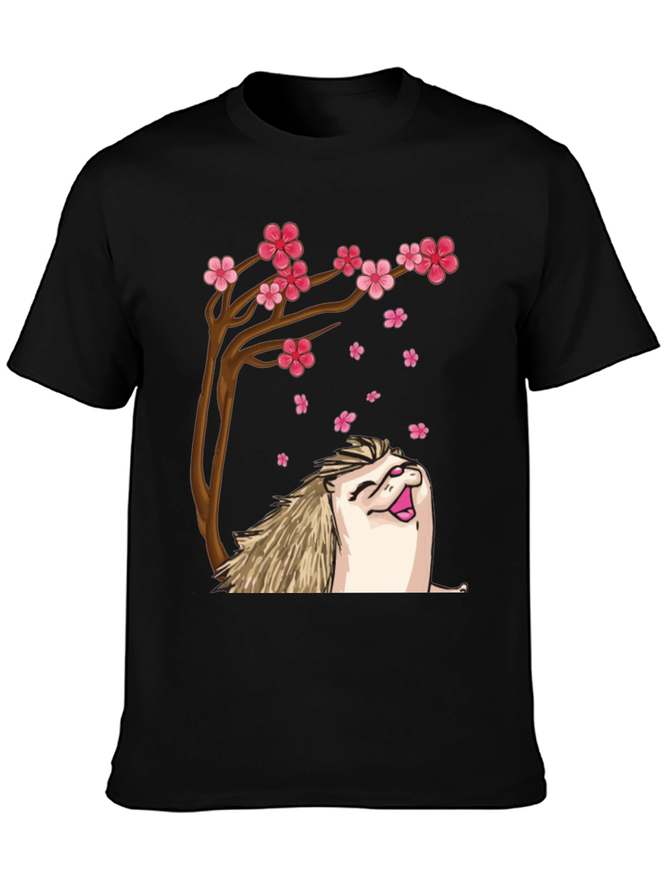 Black Hedgehog Sakura Tree Black T-Shirt view 3