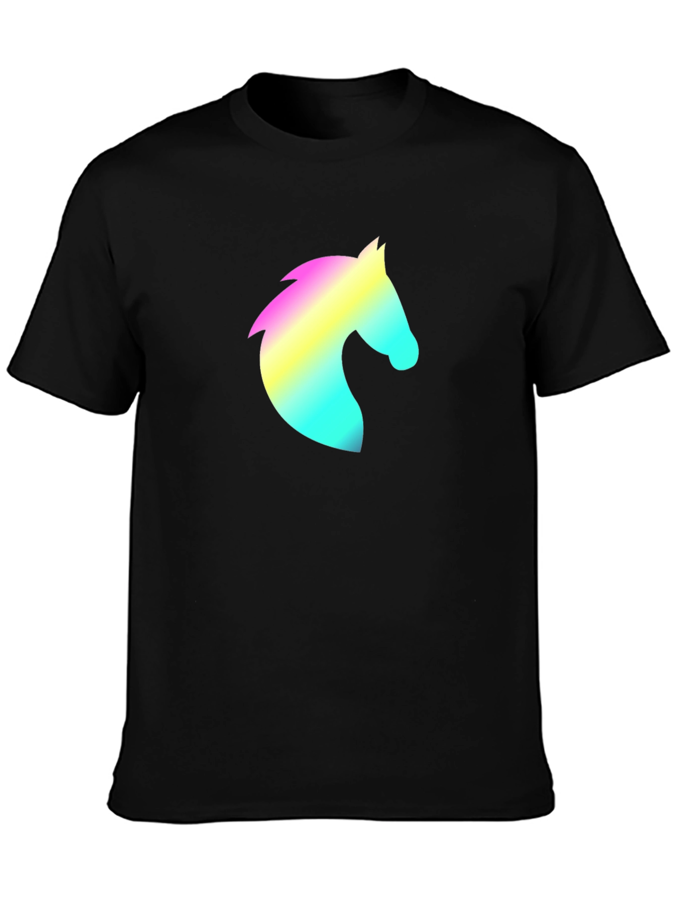 Black Men's Black T-Shirt with Rainbow Horse Head Design view 3