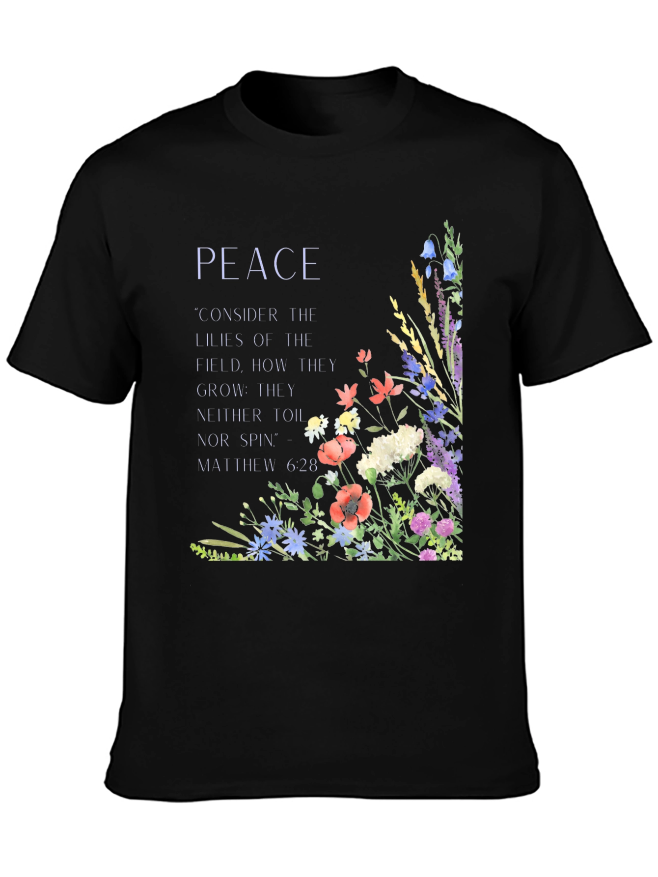 Black Peace Floral T-Shirt - Matthew 6:28 Scripture Tee view 3