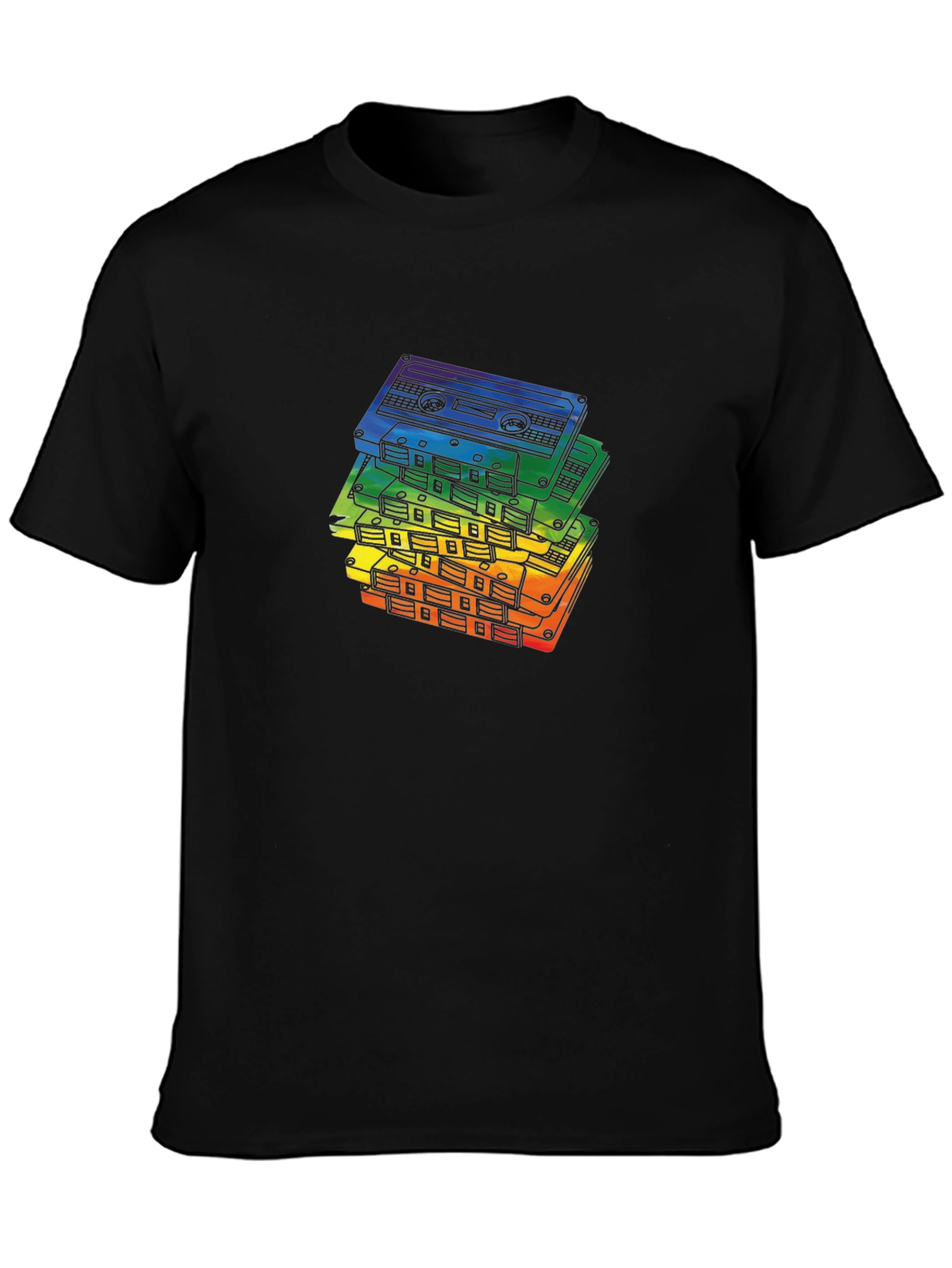 Black Retro Rainbow Cassette Tapes Black T-Shirt view 3