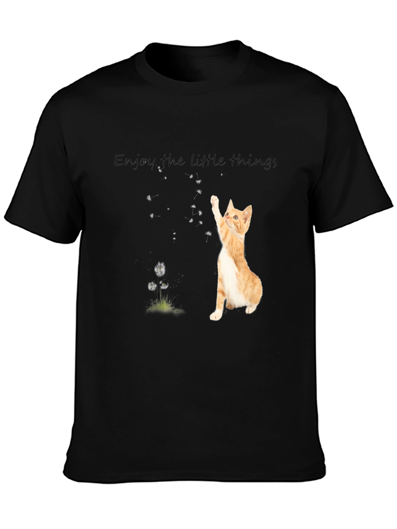 Black Cute Cat 'Enjoy the Little Things' Black T-Shirt view 3