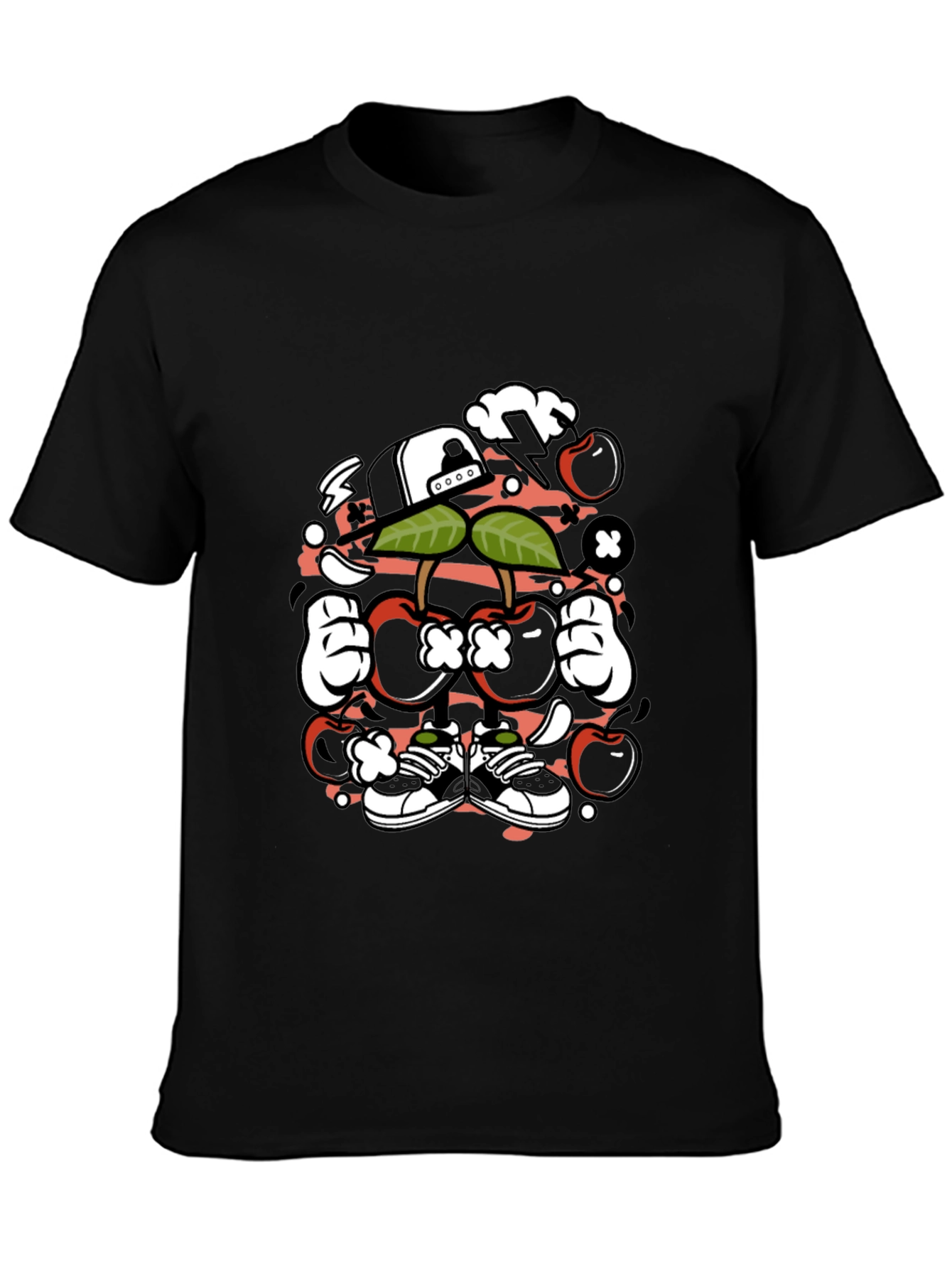 Black Unique Cartoon Cherry Graphic Black T-Shirt view 3