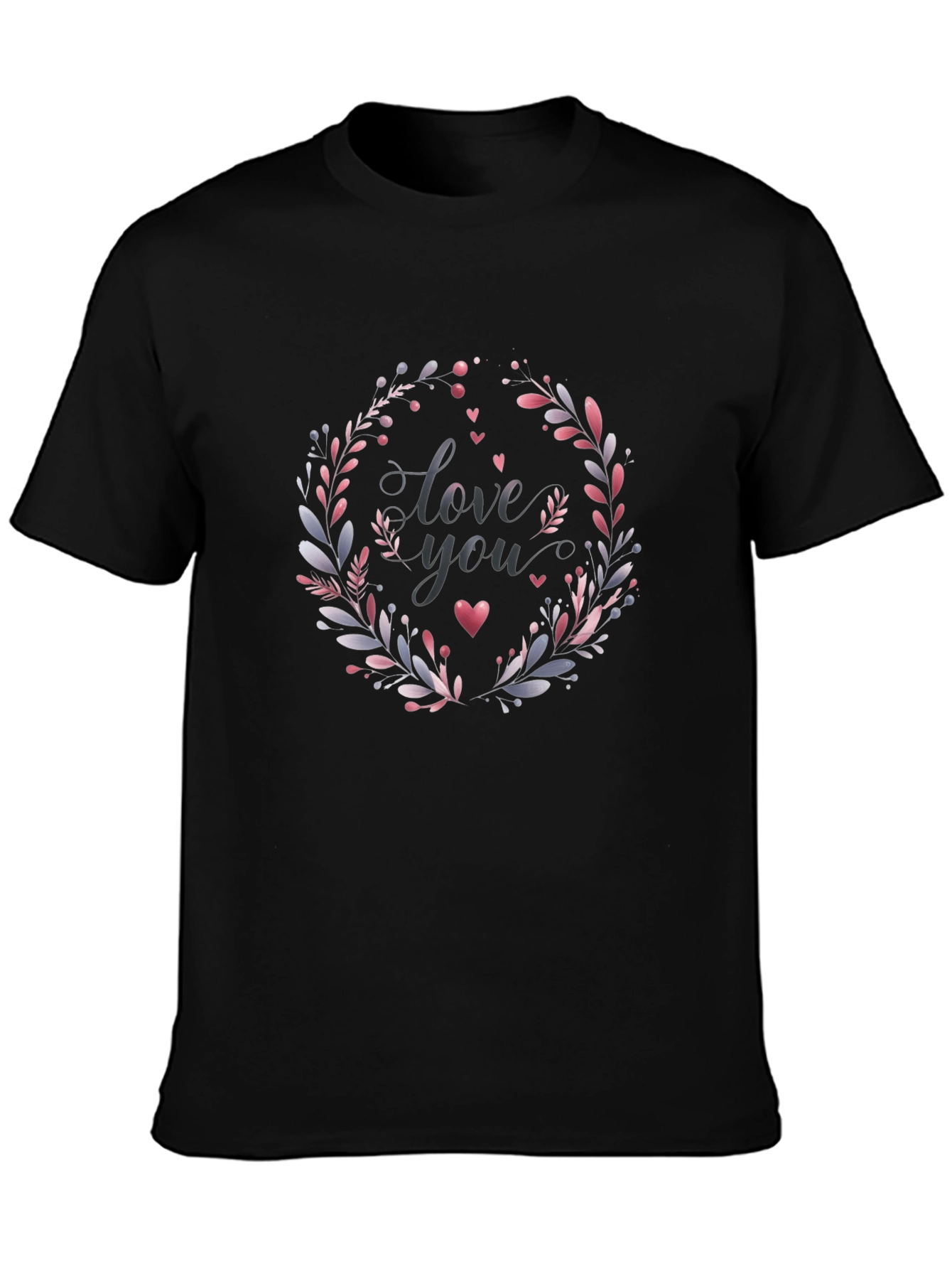 Black Love You Floral Wreath Black T-Shirt view 3