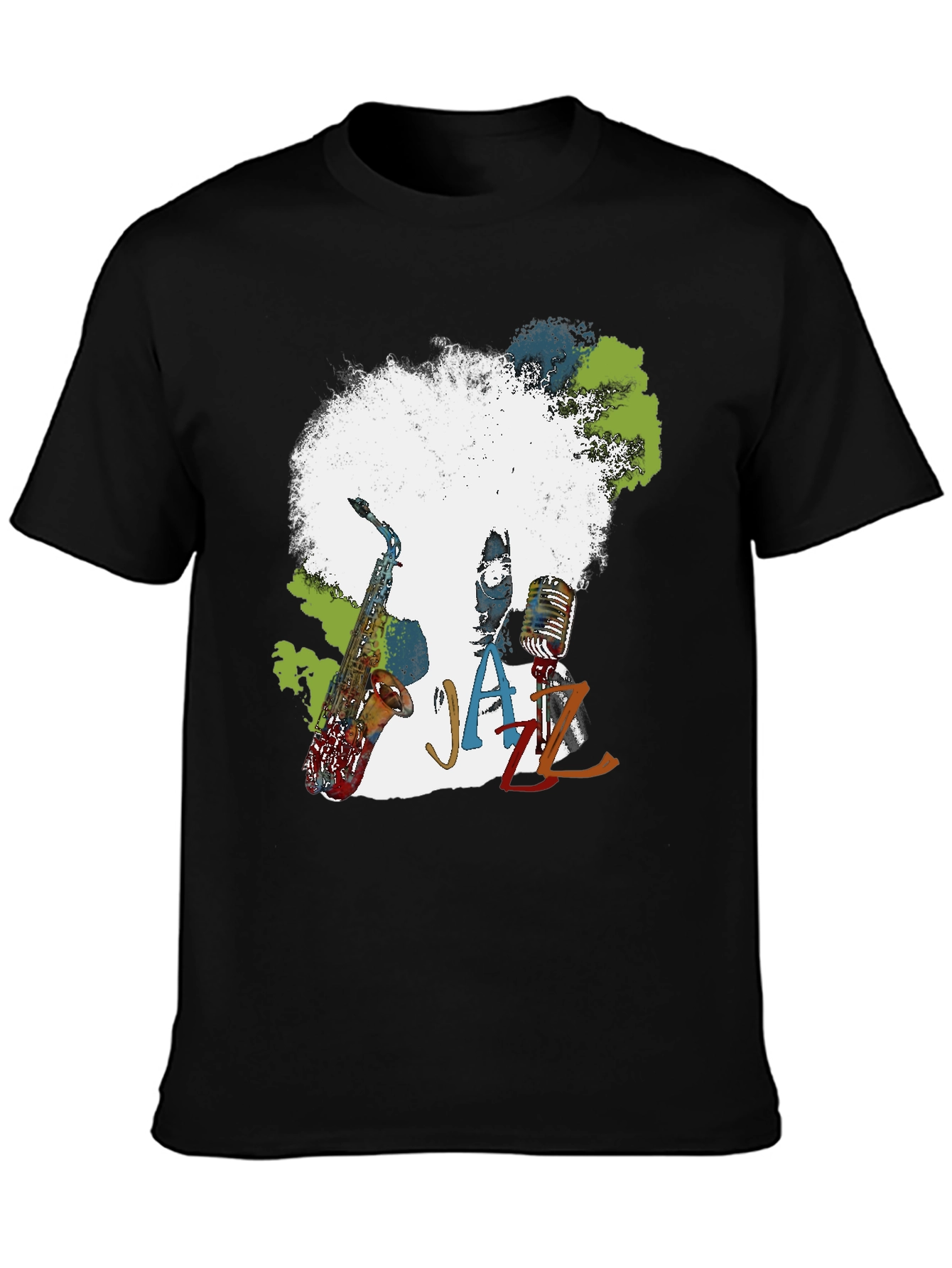 Black Jazz Music T-Shirt - Afro Saxophone Microphone view 3