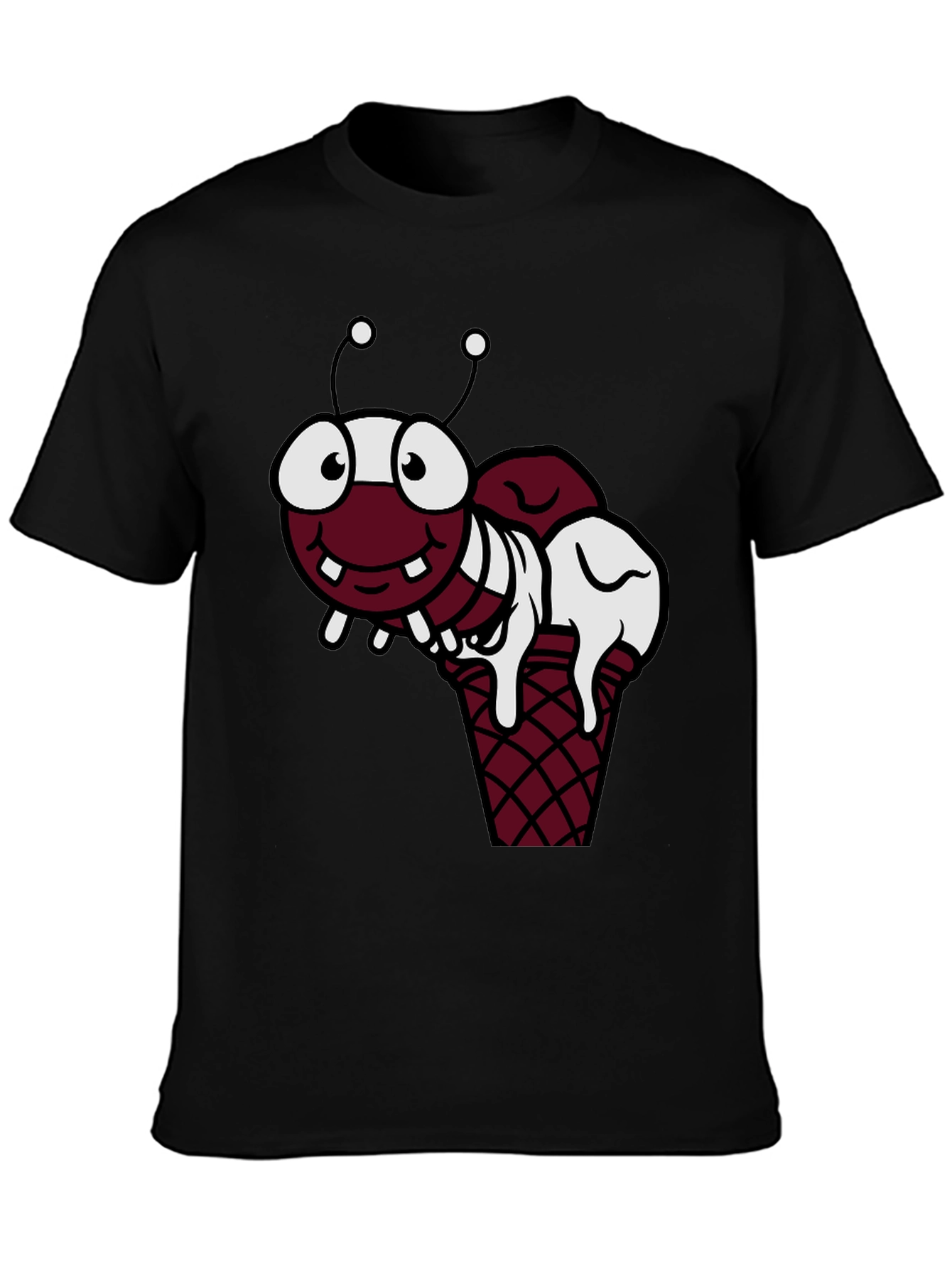 Black Funny Cartoon Ant Ice Cream Cone Black T-Shirt view 3