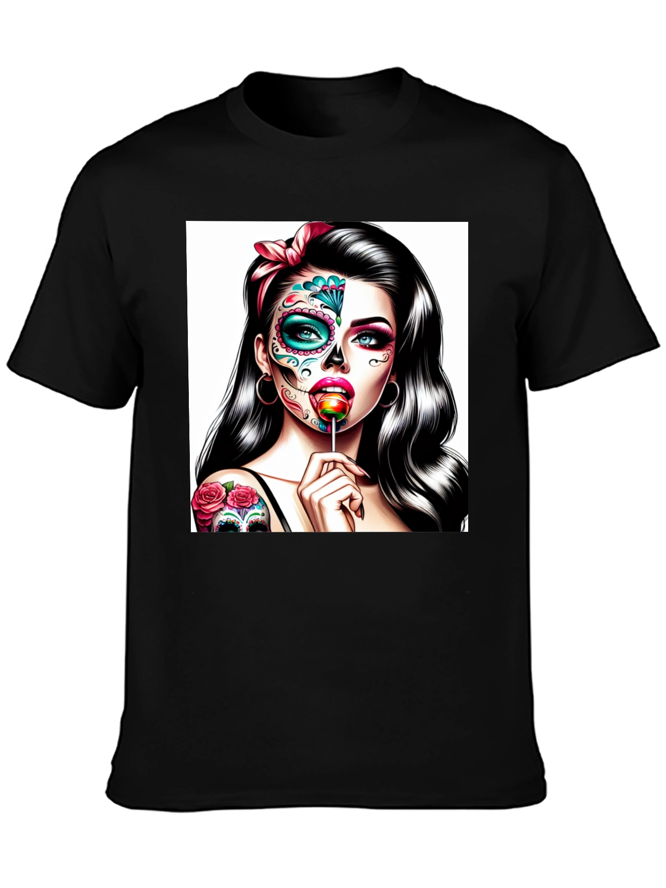 Black Sugar Skull Girl T-Shirt - Dia de los Muertos Art view 3