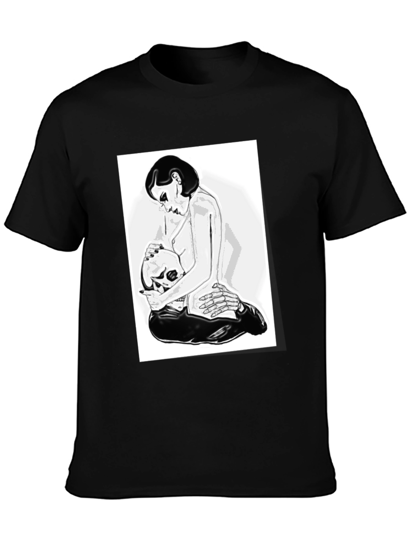 Black Graphic T-Shirt - Woman and Skull Design view 3