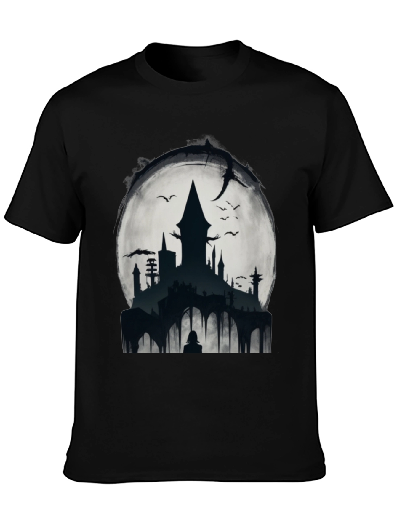 Black Moonlit Castle Graphic Tee - Gothic Style Shirt view 3