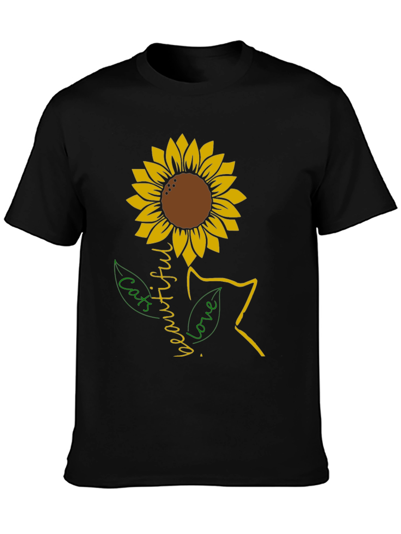 Black Sunflower Cat Lover T-Shirt view 3