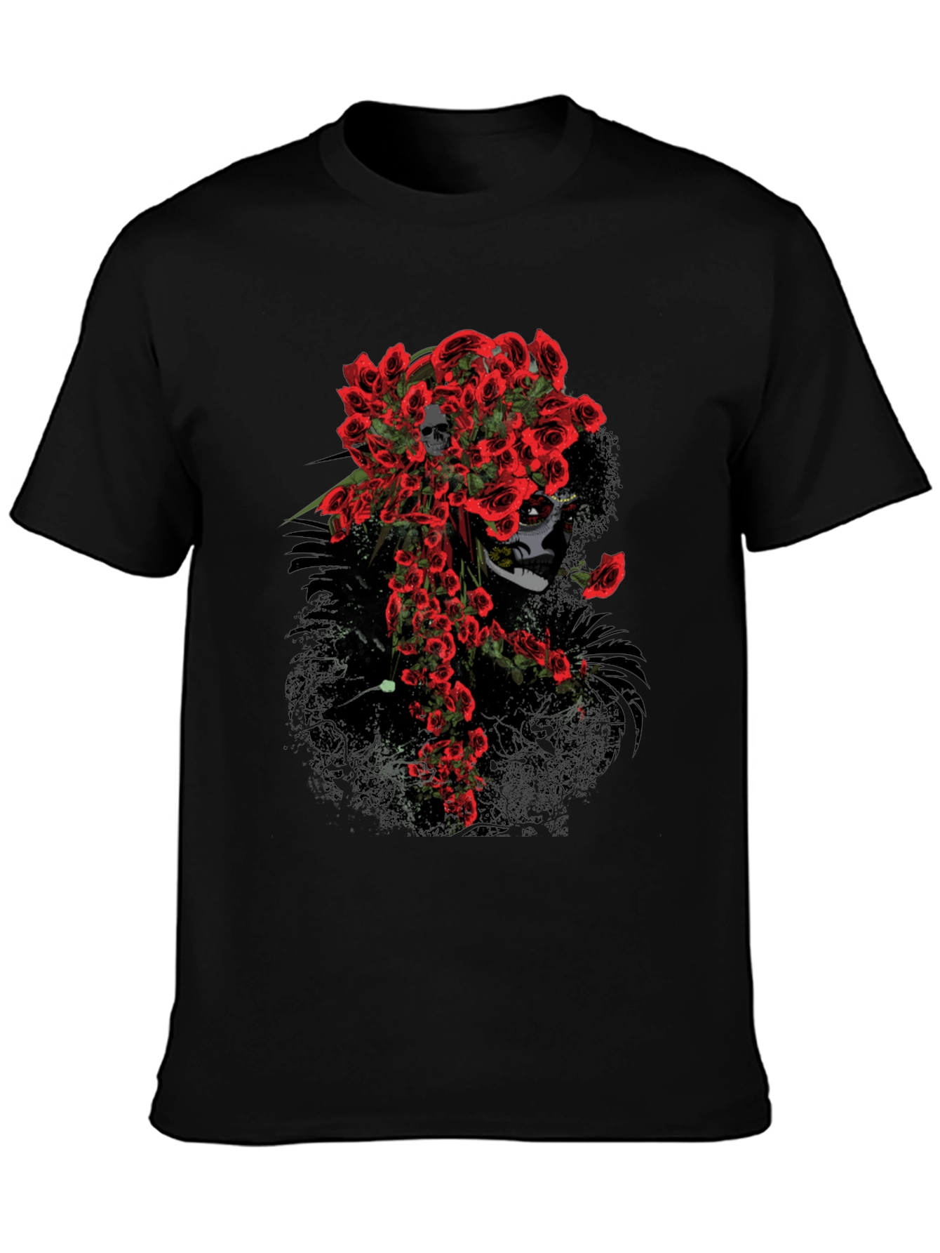 Black Skull and Roses Graphic Tee - Black Cotton T-Shirt view 3