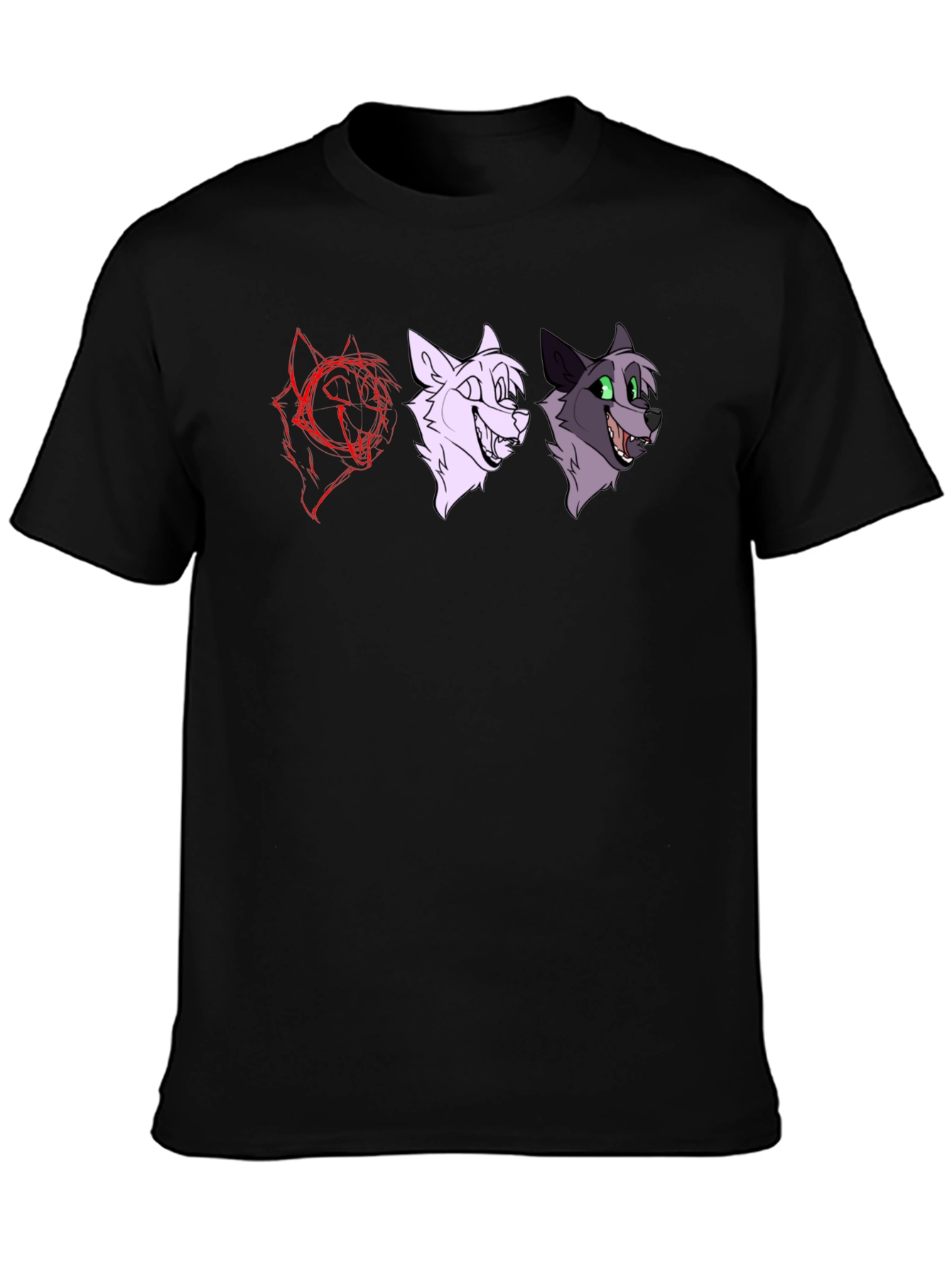 Black Cartoon Wolf Faces Black T-Shirt view 3