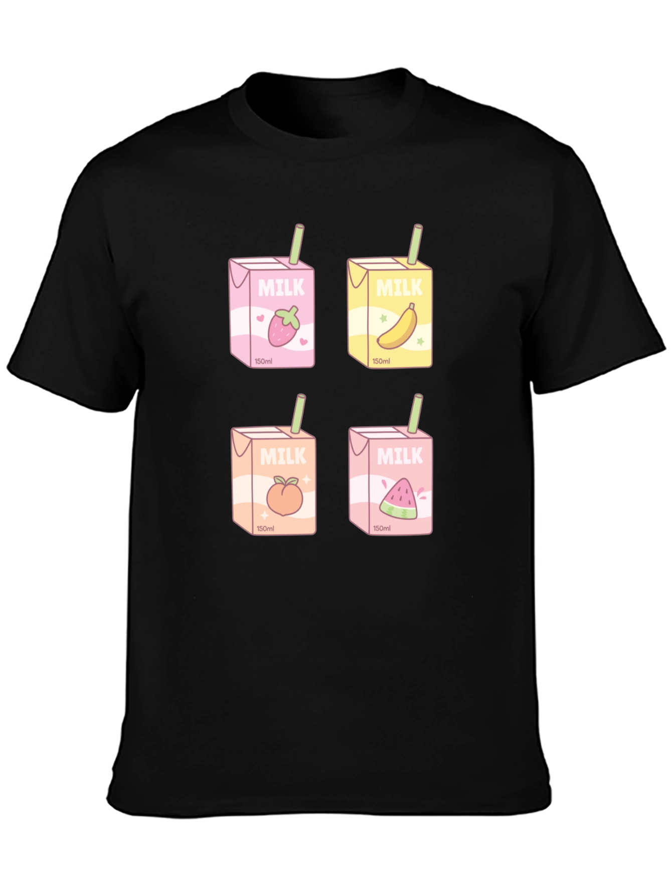 Black Kawaii Milk Boxes T-Shirt - Fruit Milk Design view 3