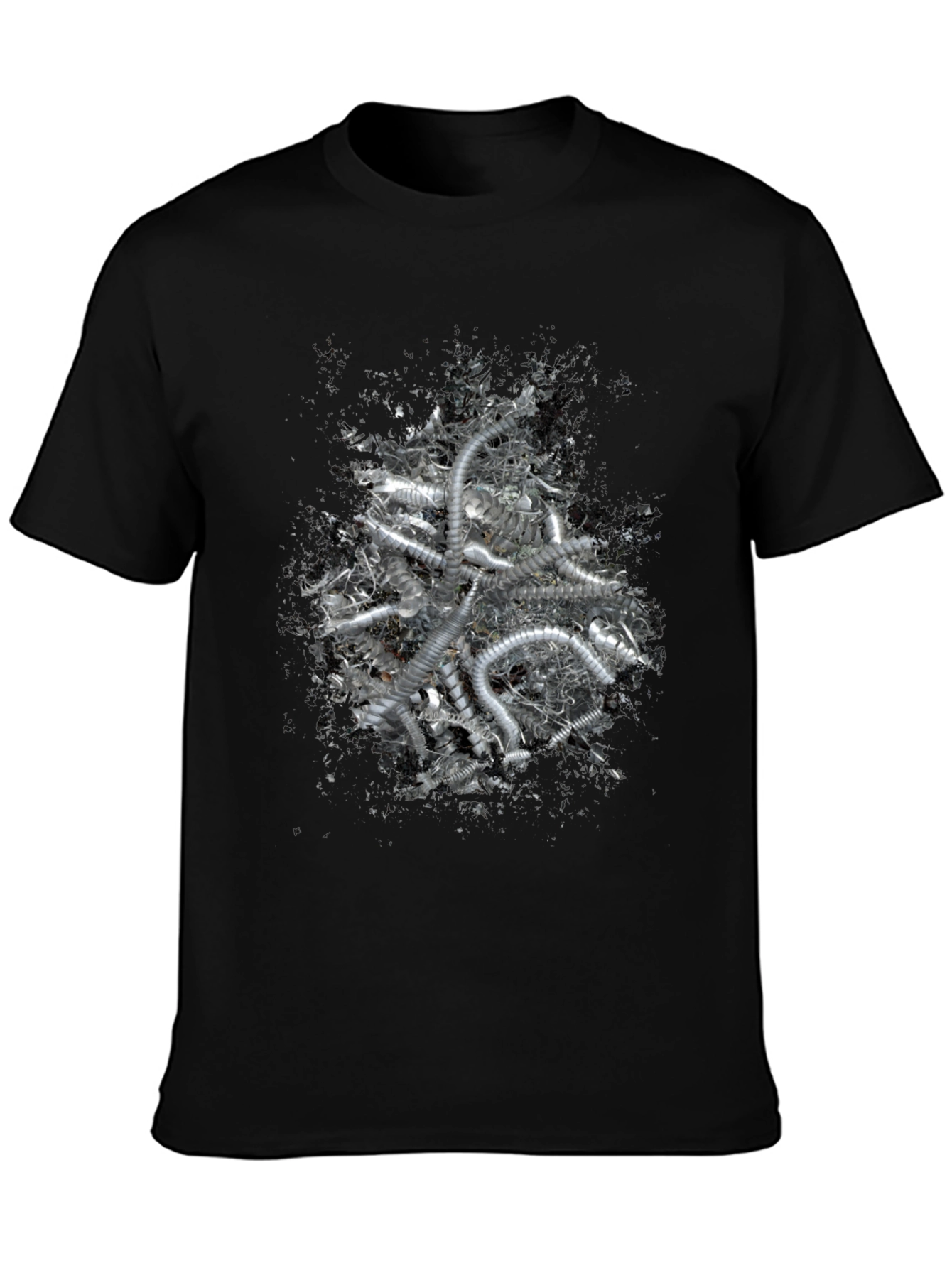 Black Abstract Silver Tube Design Black T-Shirt view 3