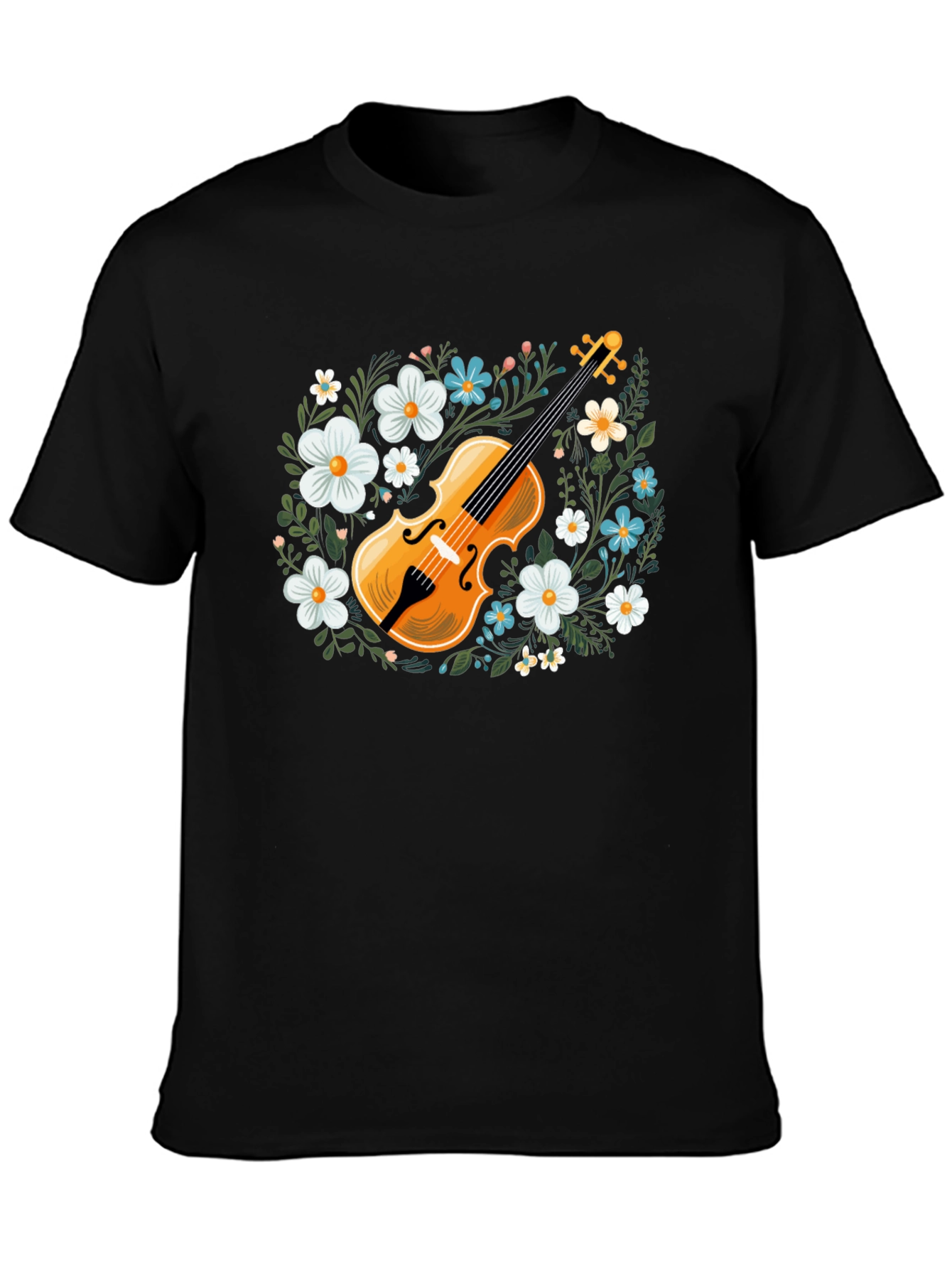 Black Floral Violin Graphic T-Shirt - Musical Style view 3