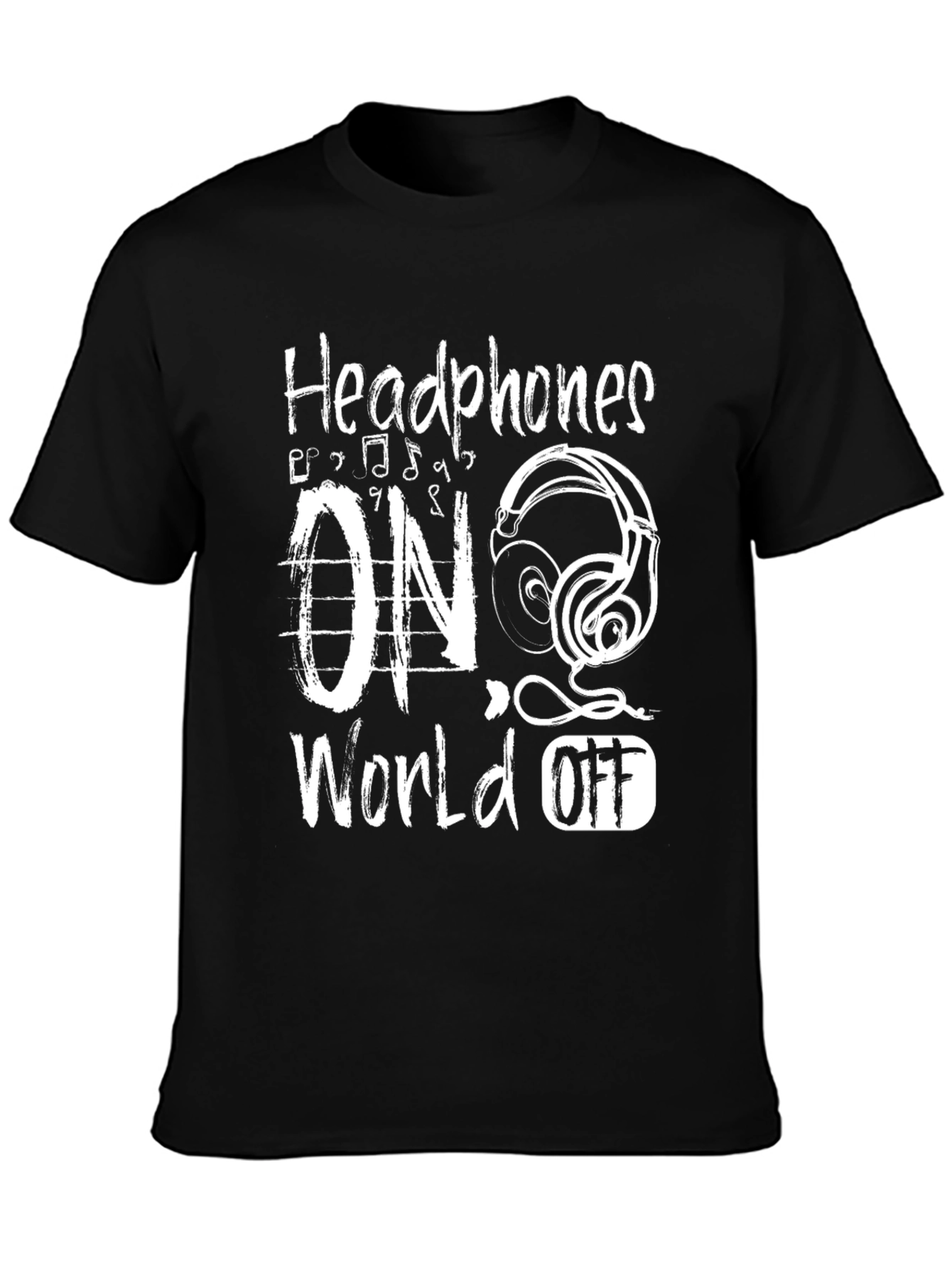 Black Headphones On World Off Graphic Tee view 3