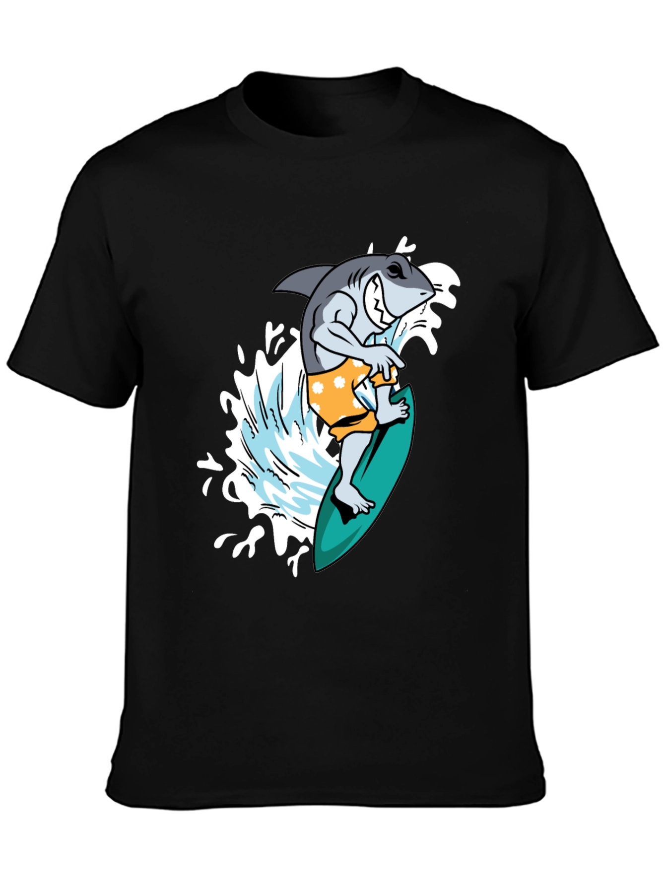 Black Surfing Shark Graphic Tee - Black Cotton T-Shirt view 3