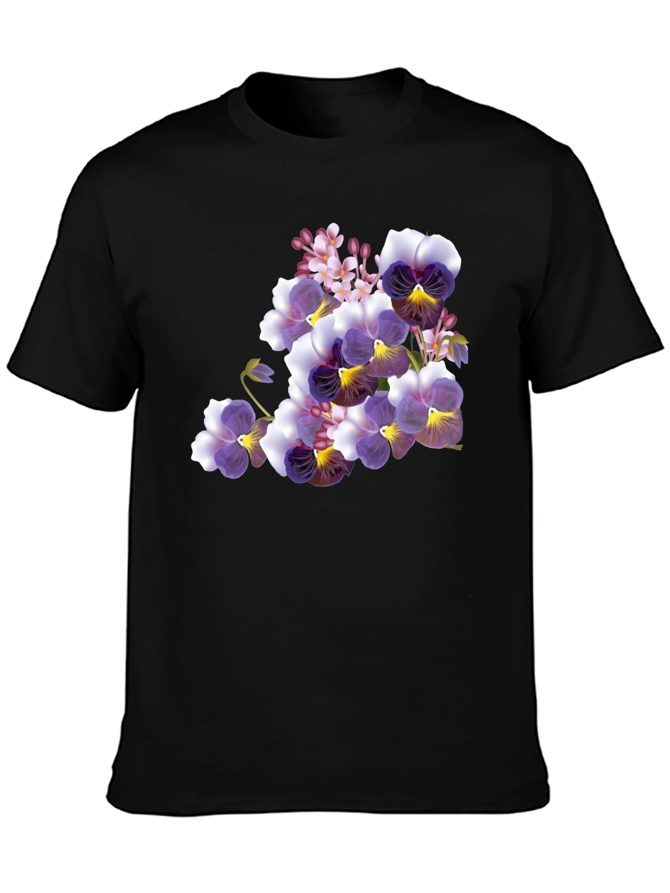 Black Floral Pansy Print Black T-Shirt view 3