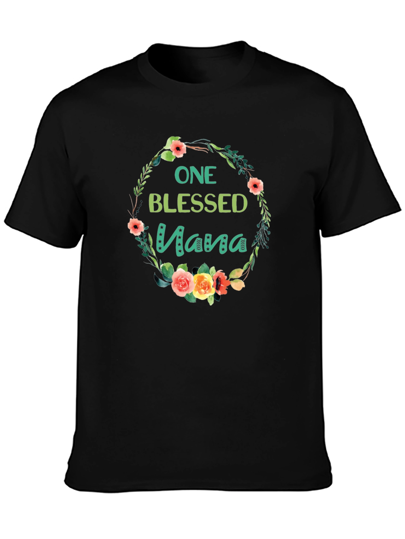 Black One Blessed Nana Floral Wreath Black T-Shirt view 3