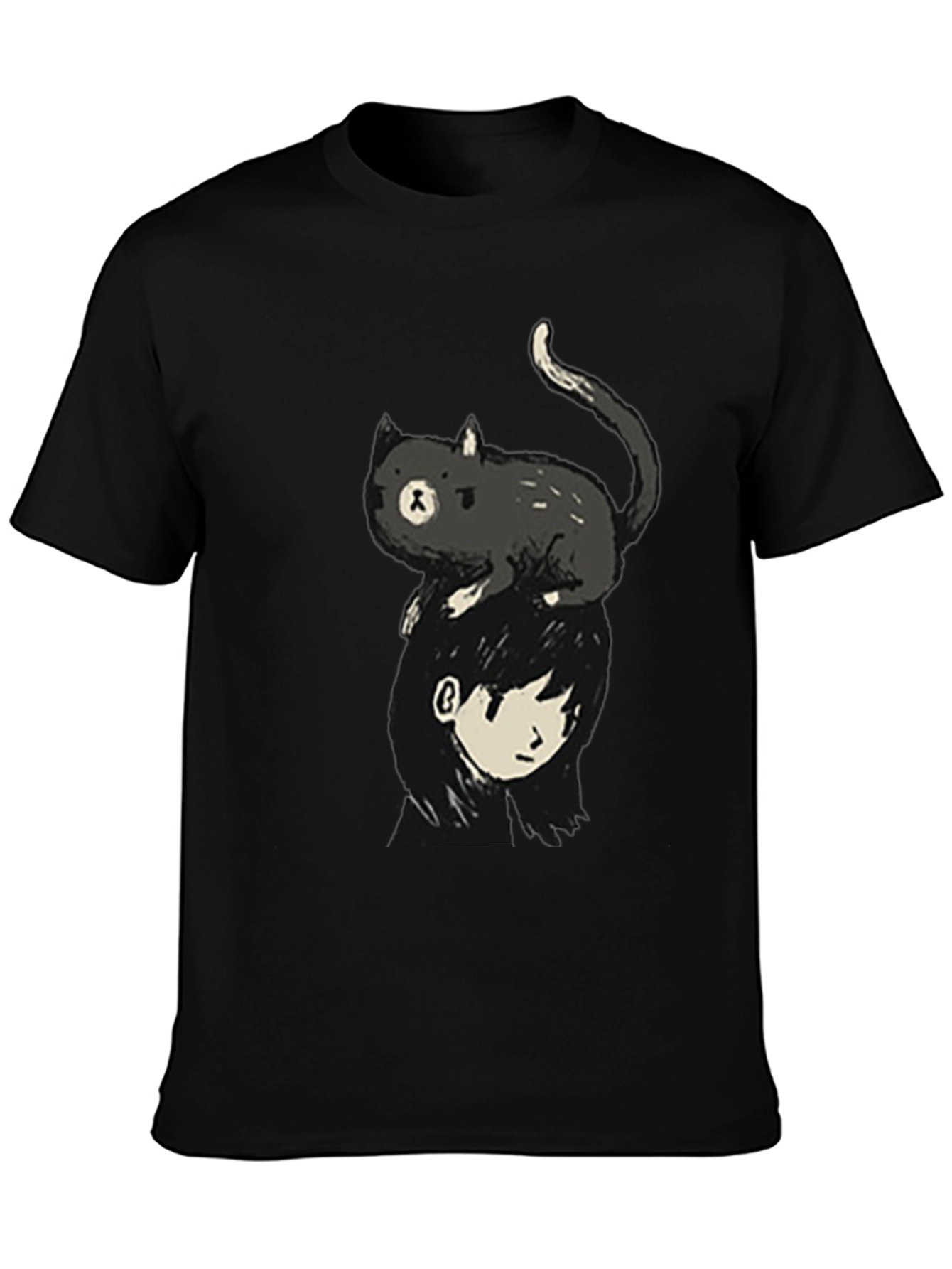 Black Cat on Head Graphic Tee - Black Crew Neck view 3