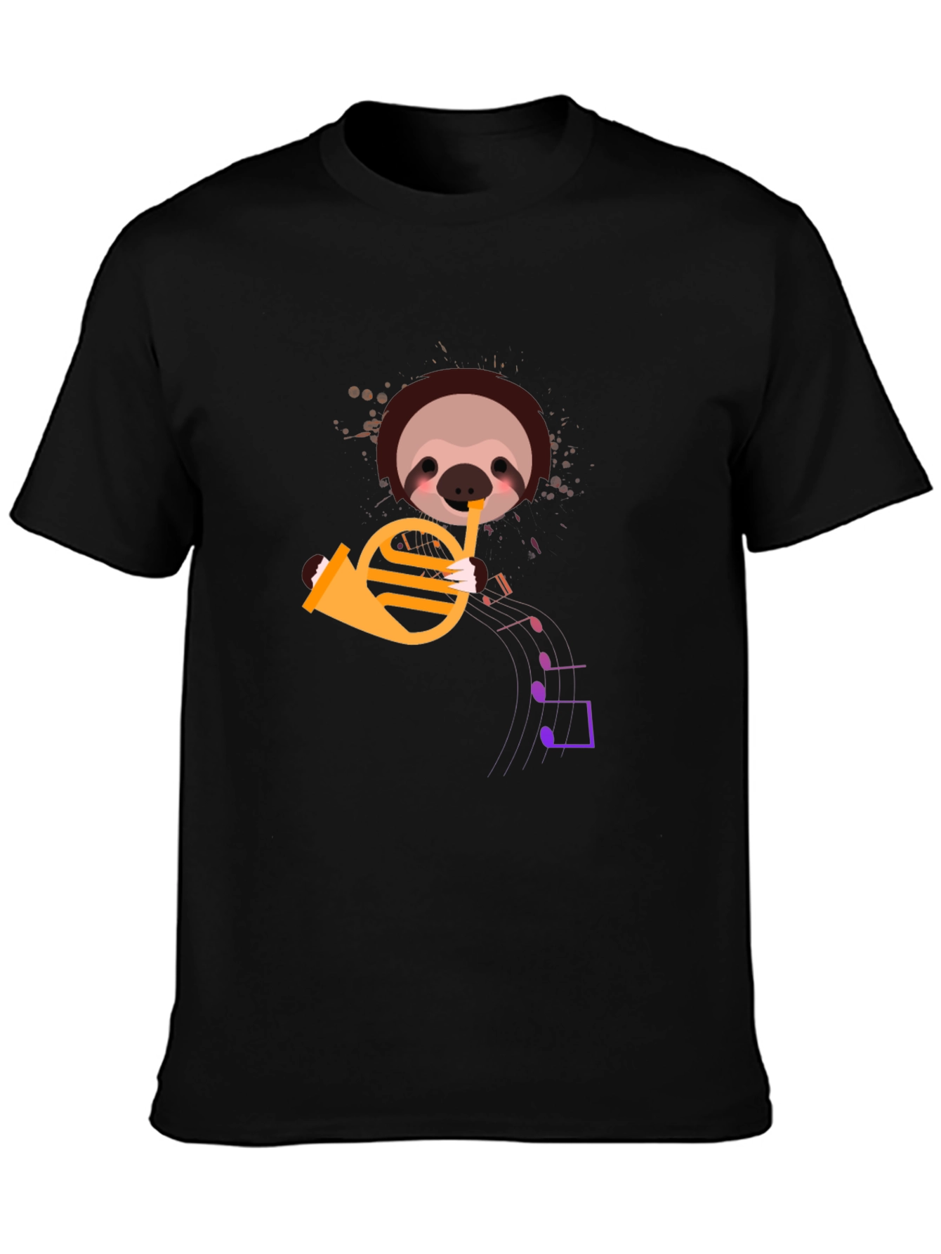 Black Sloth Horn Player Graphic Tee - Black Cotton T-Shirt view 3
