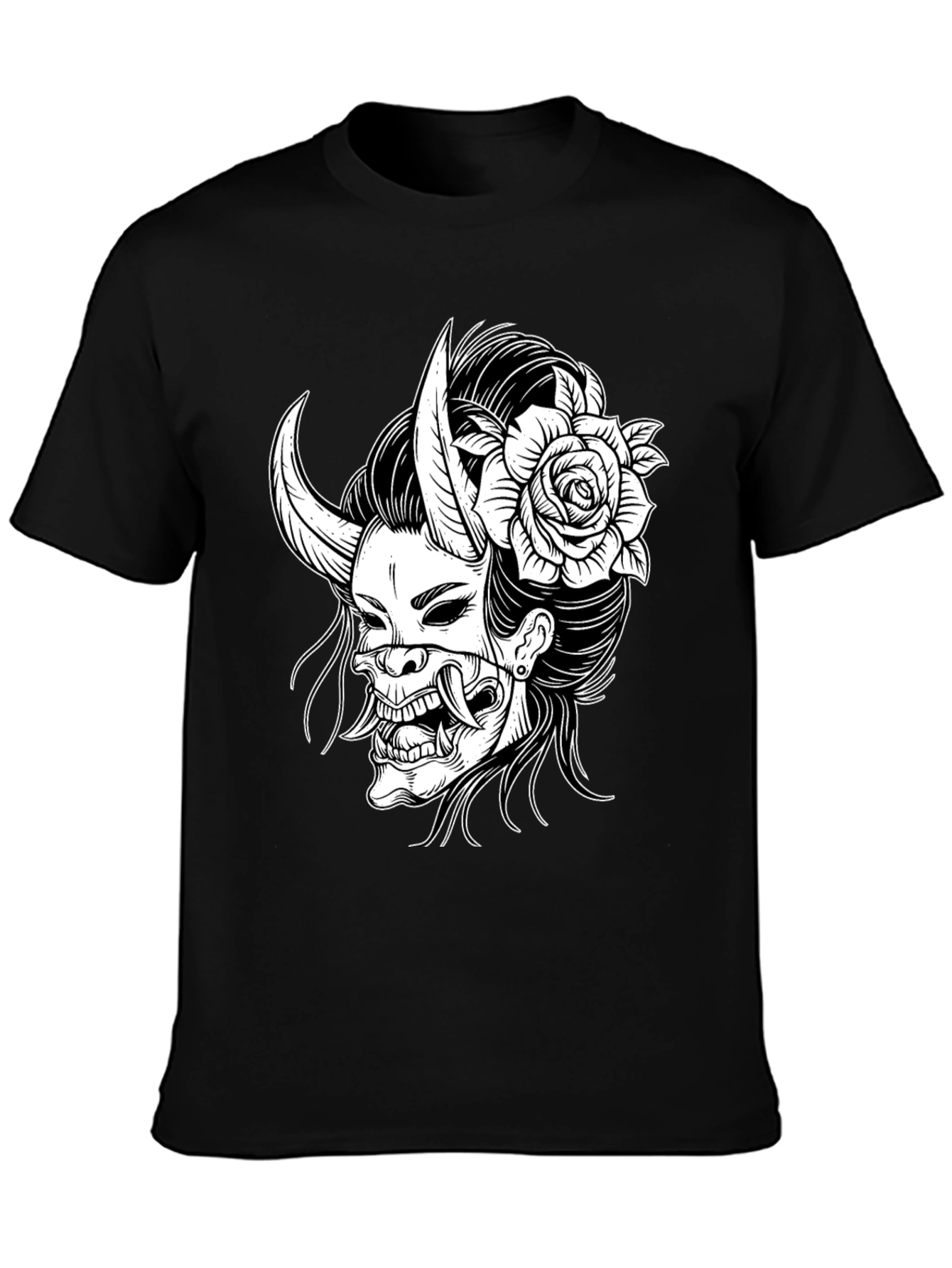 Black Black T-Shirt with Oni Mask & Rose Graphic view 3
