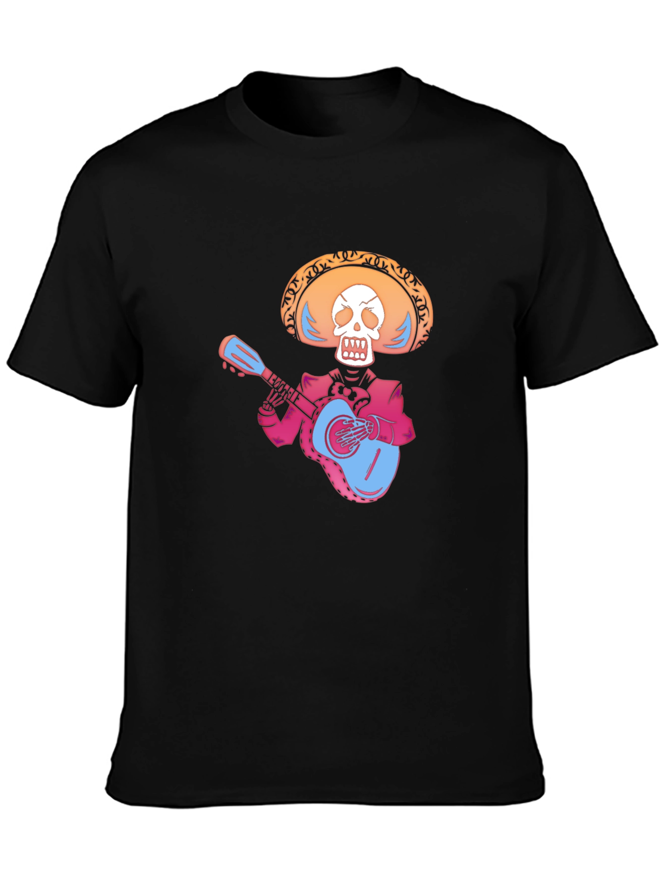 Black Day of the Dead Skeleton Guitarist Black T-Shirt view 3