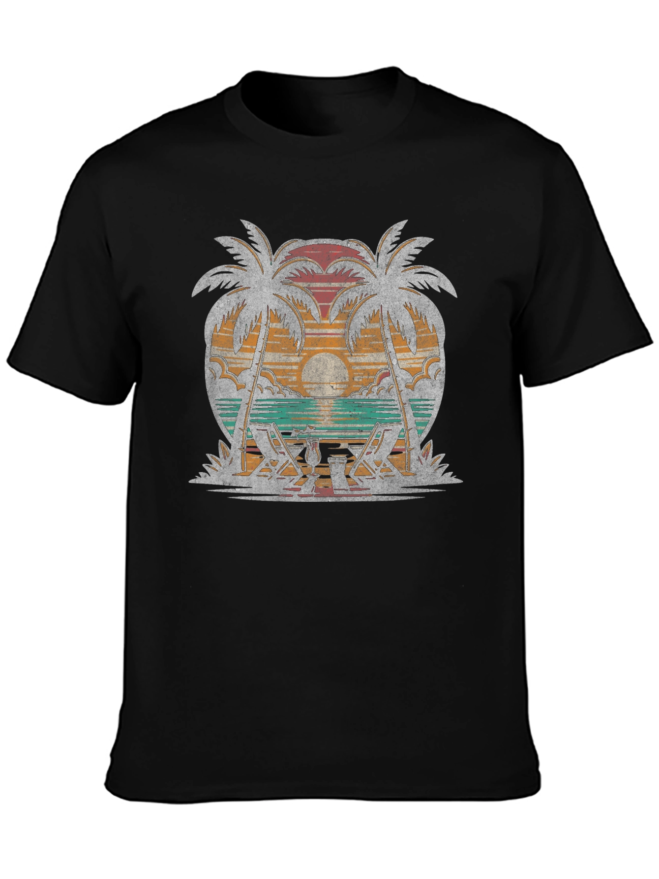 Black Retro Beach Palm Tree Sunset Graphic T-Shirt view 3