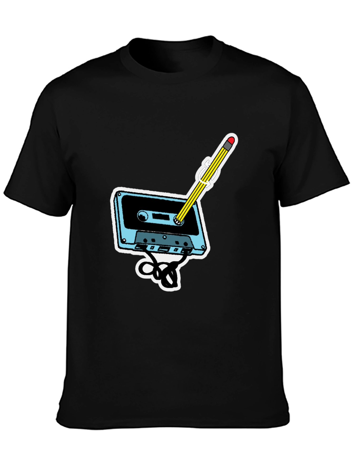 Black Retro Cassette & Pencil Graphic T-Shirt view 3