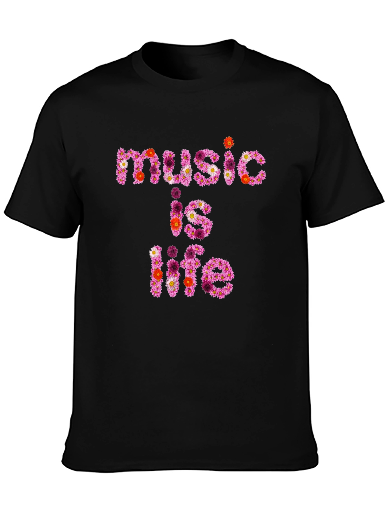 Black Floral 'Music is Life' Graphic Black T-Shirt view 3