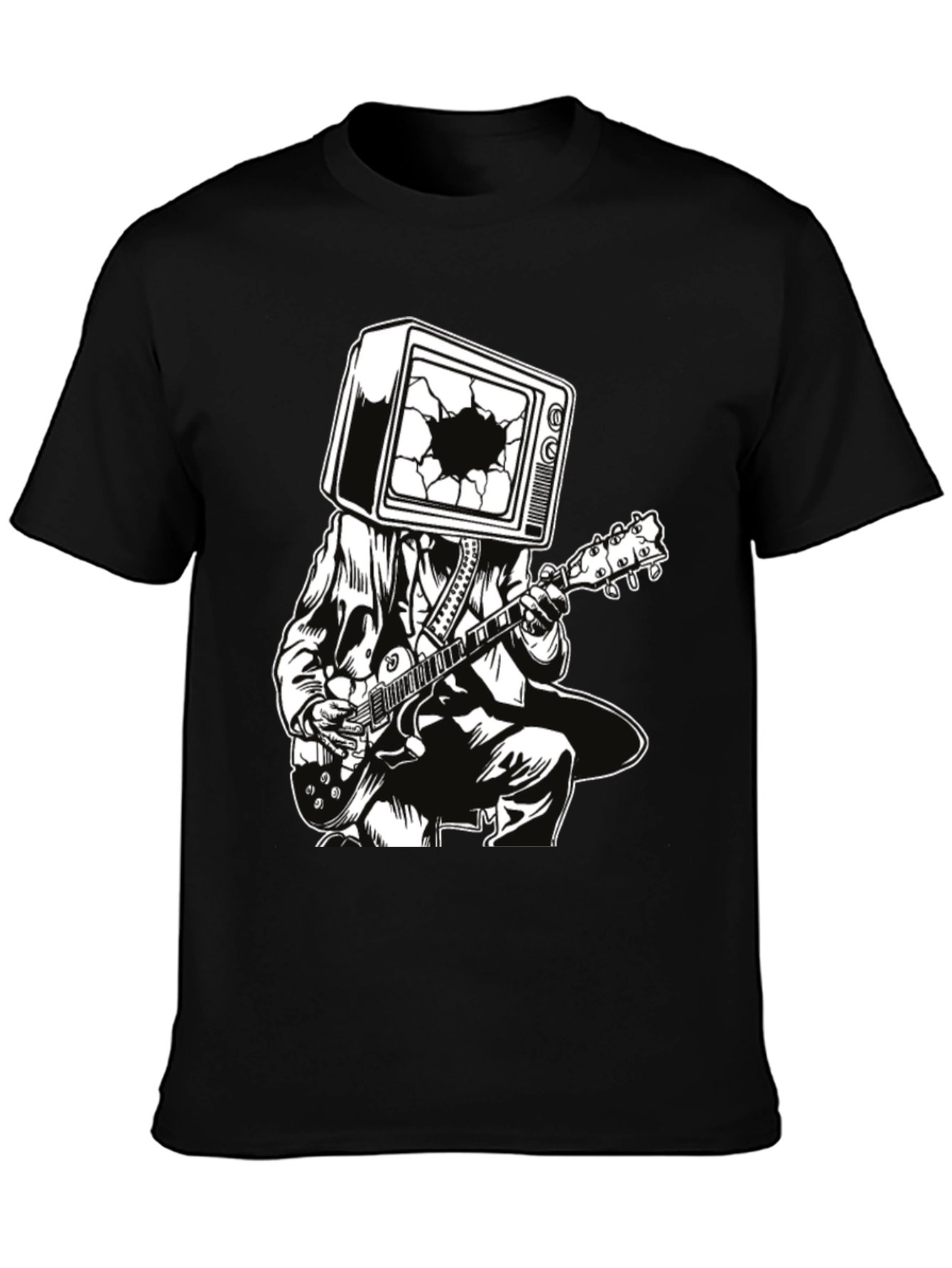 Black Guitar Man with TV Head Graphic T-Shirt view 3