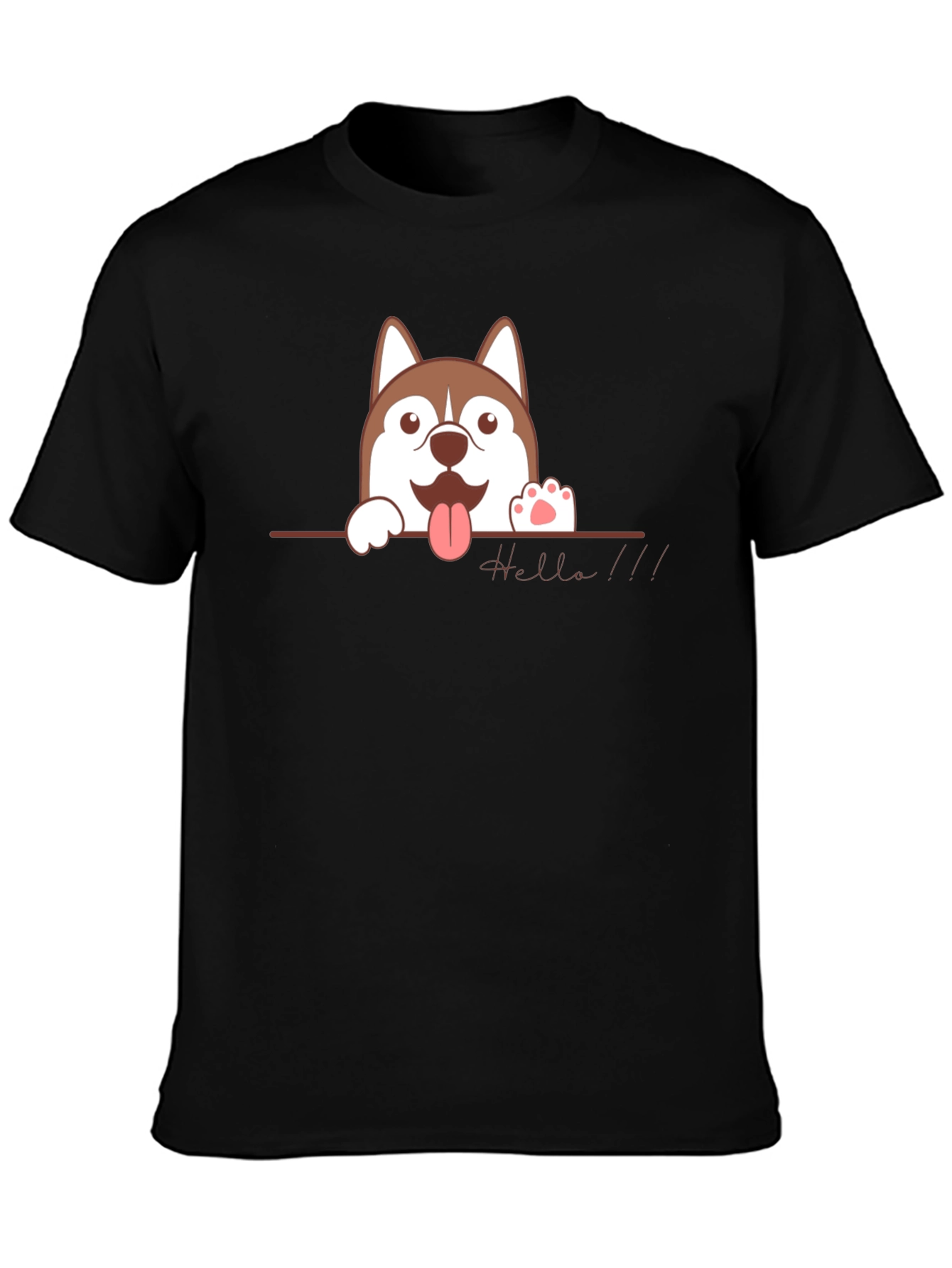 Black Cute Husky "Hello" Black T-Shirt view 3