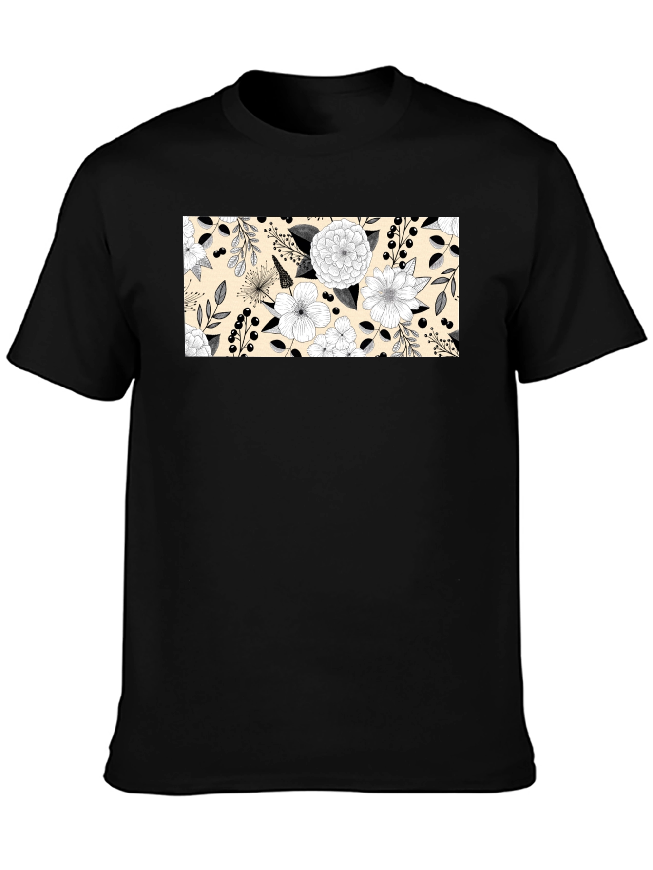 Black Floral Pattern Black T-Shirt view 3