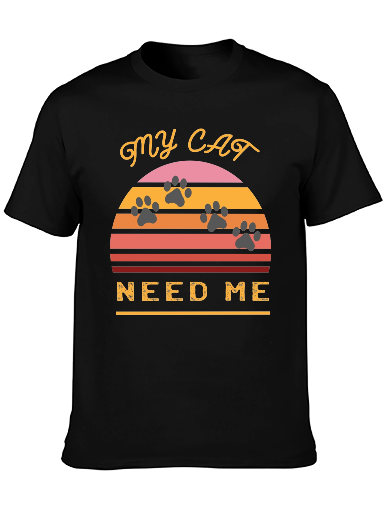 Black My Cat Needs Me T-Shirt - Retro Sunset Style view 3