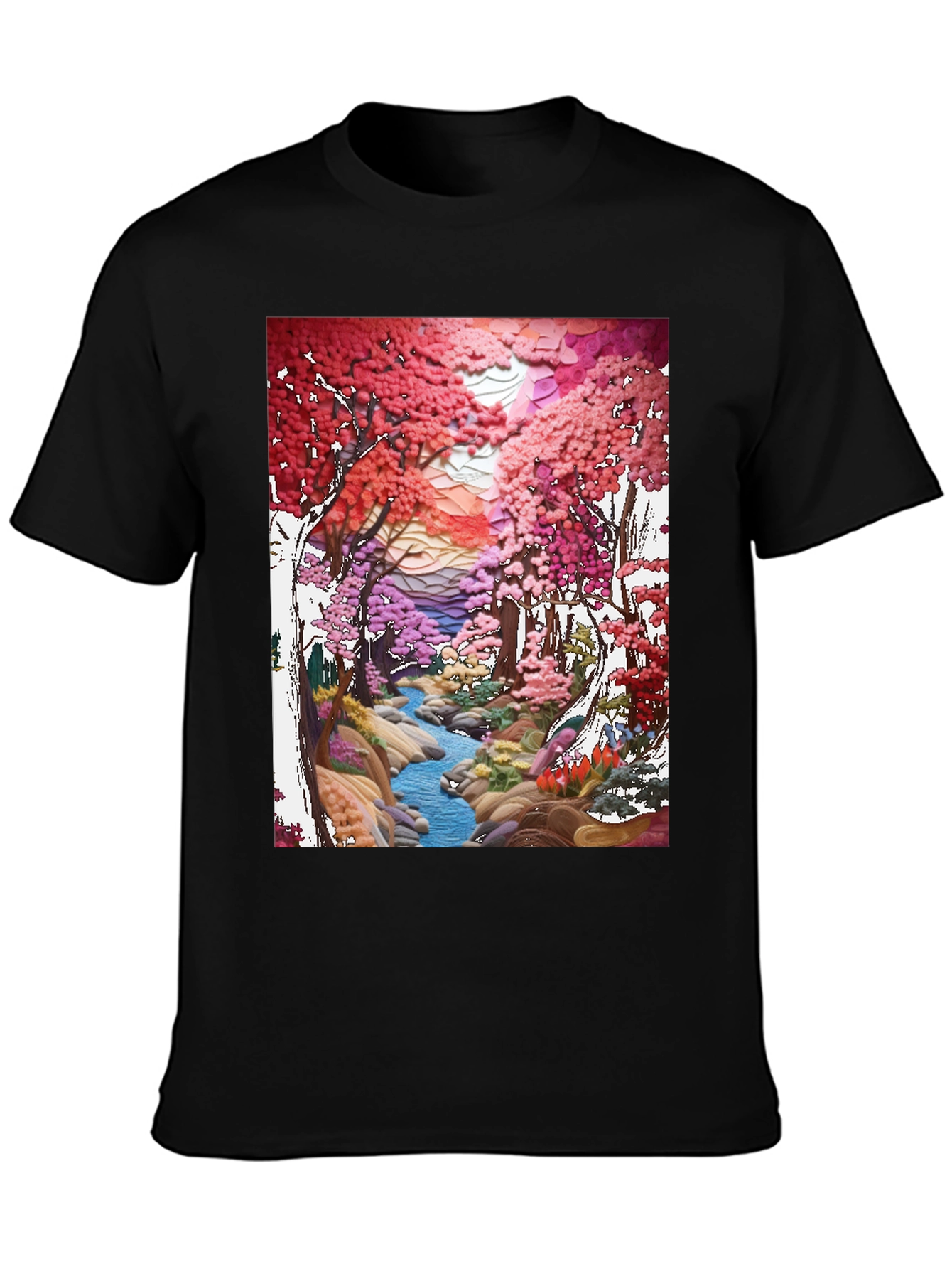 Black Cherry Blossom Stream Art T-Shirt view 3
