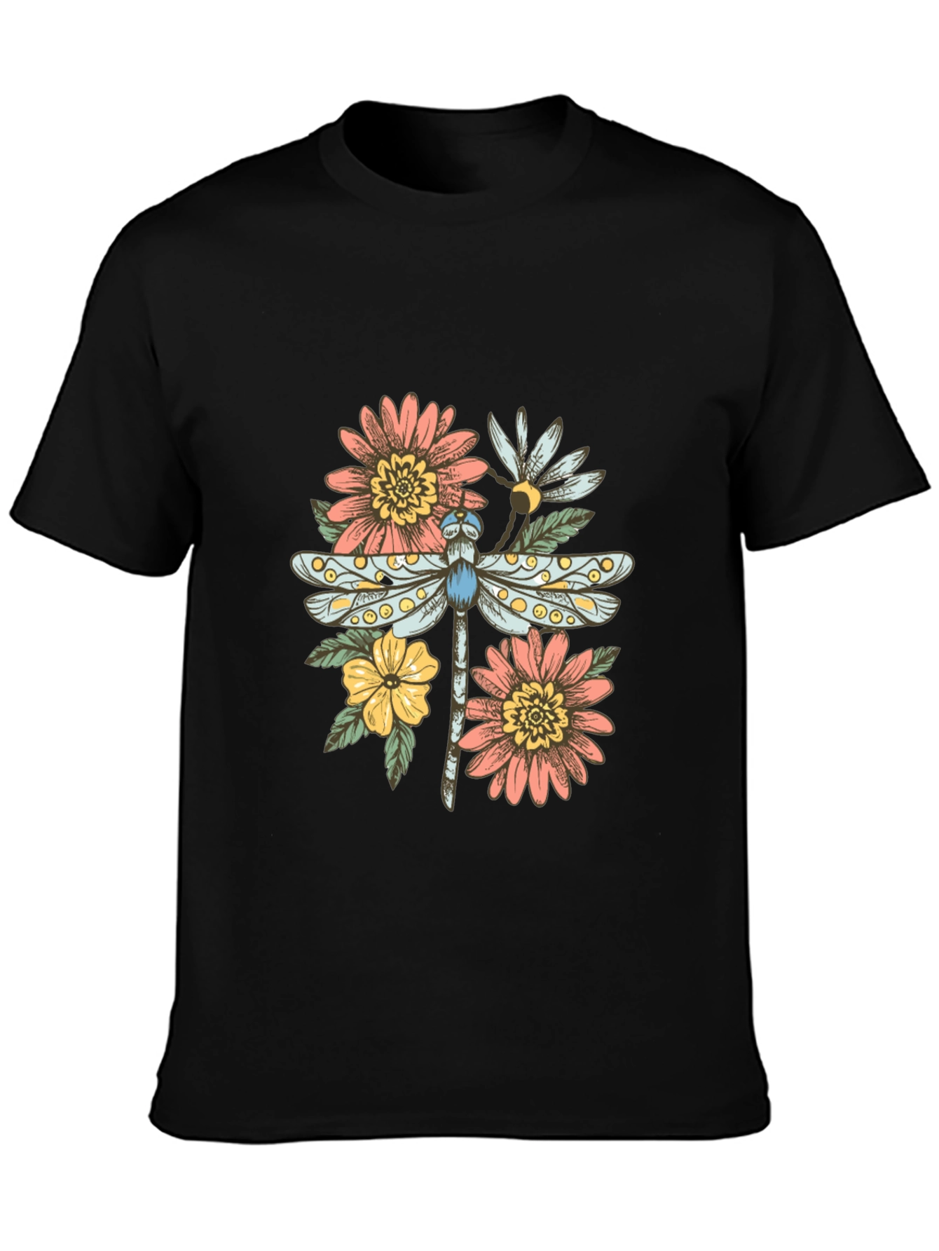 Black Dragonfly Floral Graphic Tee - Trendy Casual Top view 3