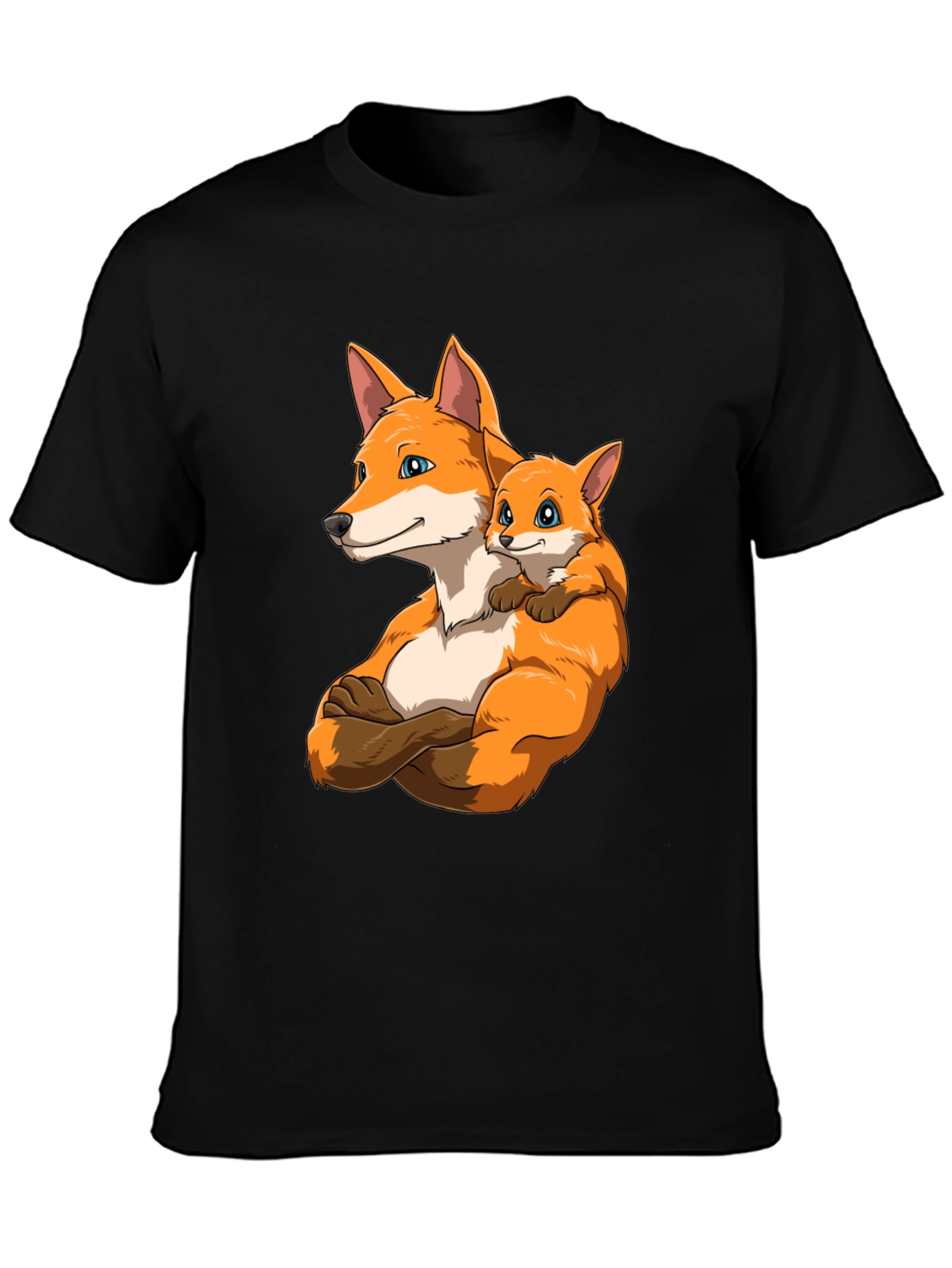 Black Fox Family Black T-Shirt - Cute Cartoon Design view 3
