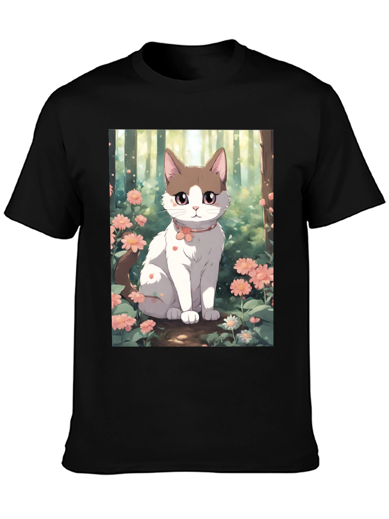 Black Anime Cat Floral T-Shirt view 3