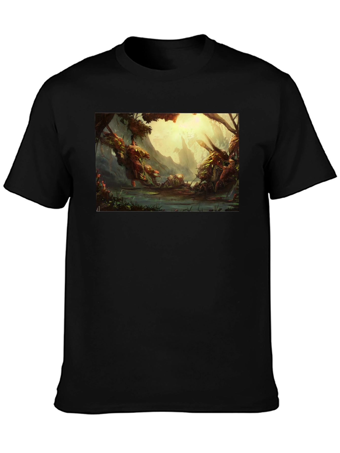 Black Fantasy Landscape Graphic Tee - Soft Cotton Black T-Shirt view 3