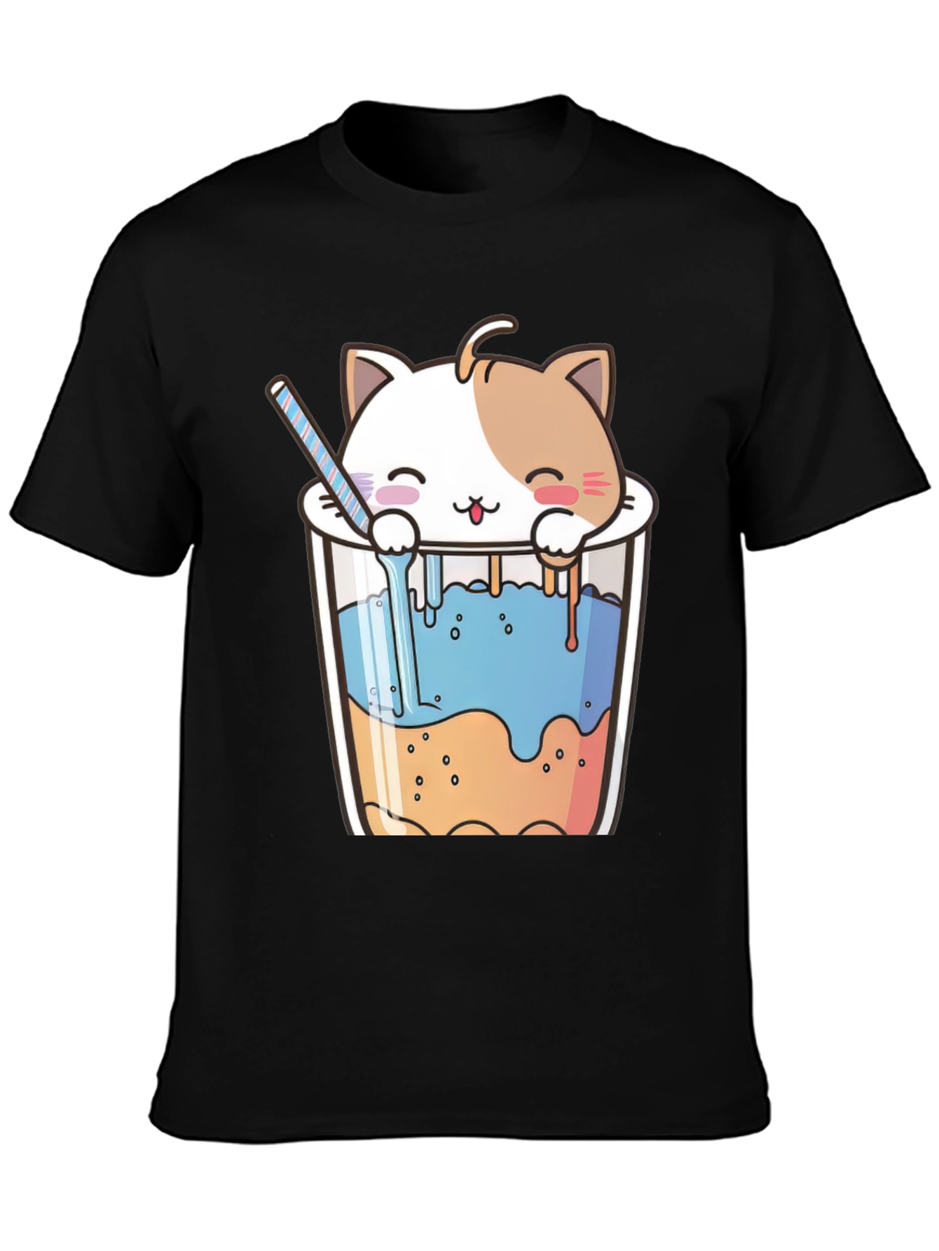 Black Cute Cat Bubble Tea Black T-Shirt view 3