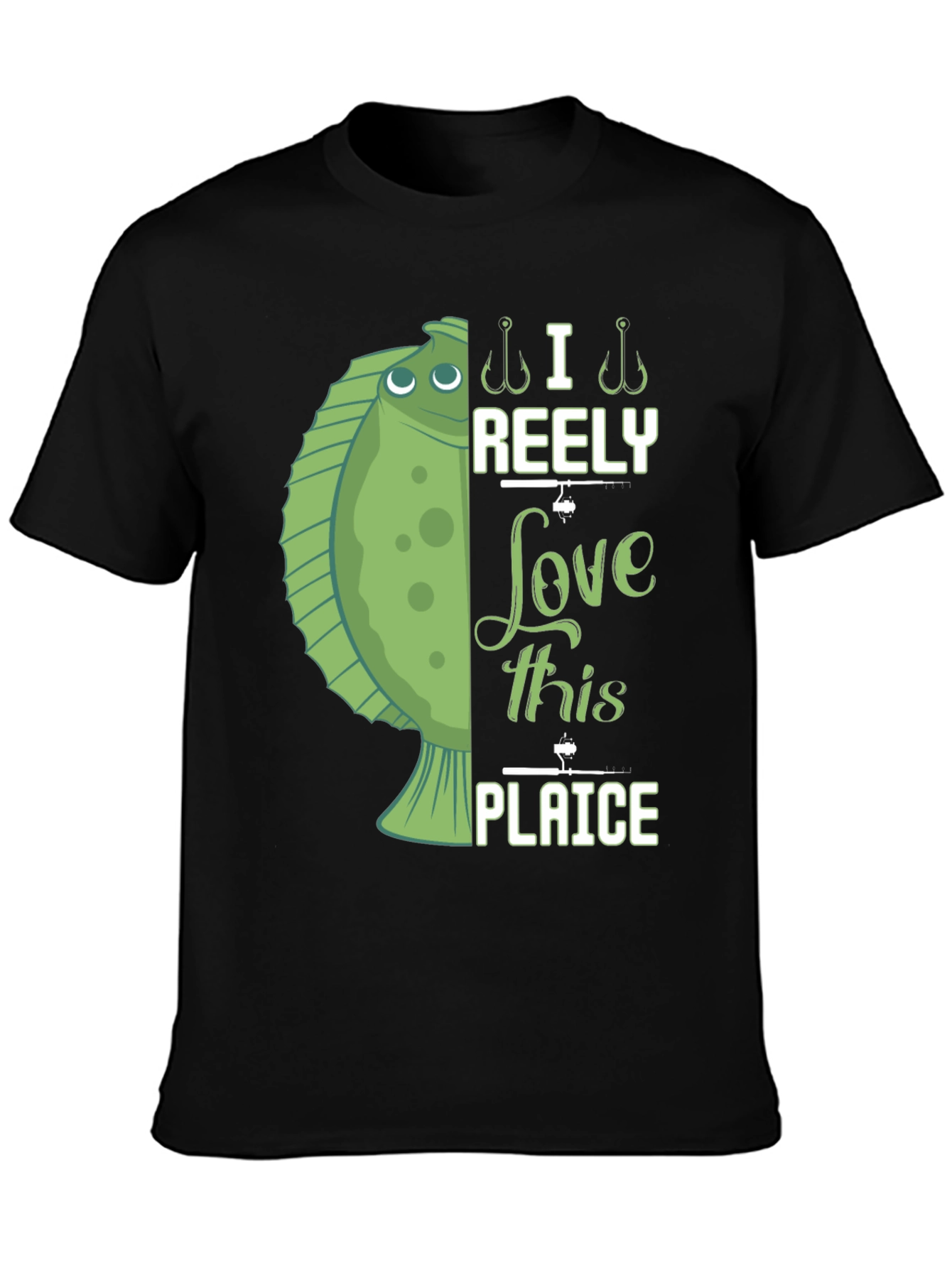 Black Funny Fishing T-Shirt - I Reely Love This Plaice view 3