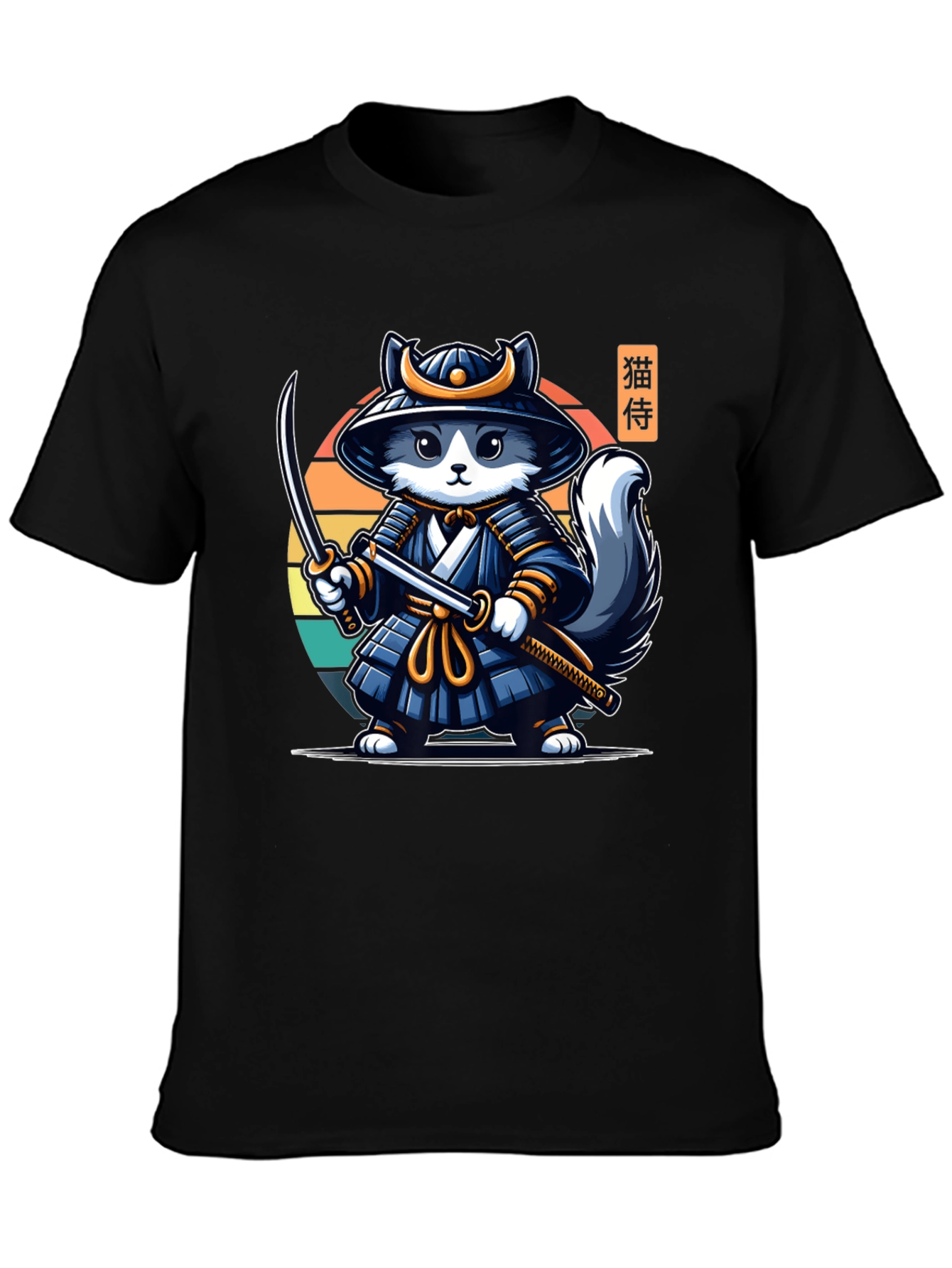 Black Samurai Cat T-Shirt - Black Crew Neck view 3
